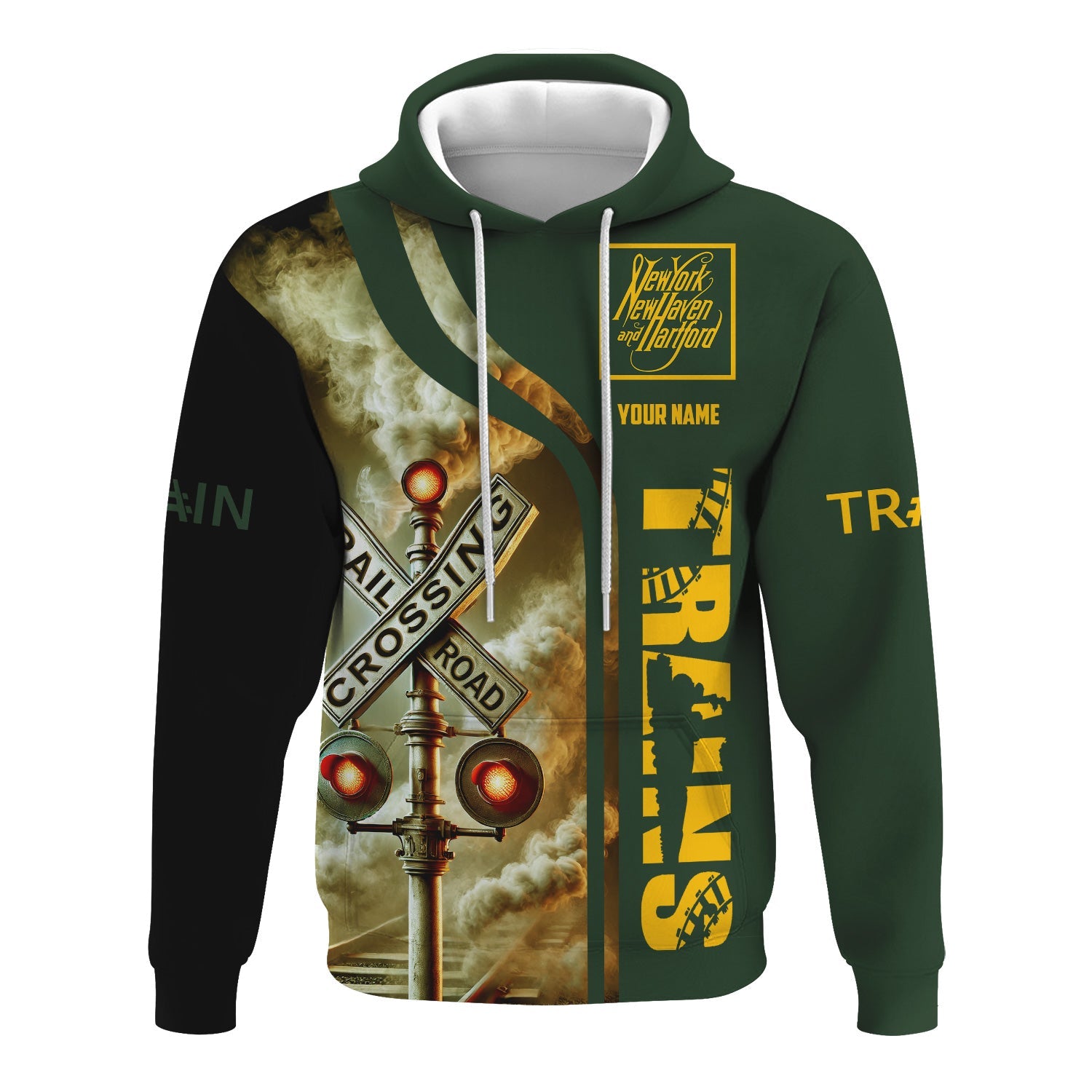 Railspirit Custom Name New York, New Haven and Hartford Railroad Hoodie Railroad Crossing Sign New Haven Railroad Printed Zip Hoodie
