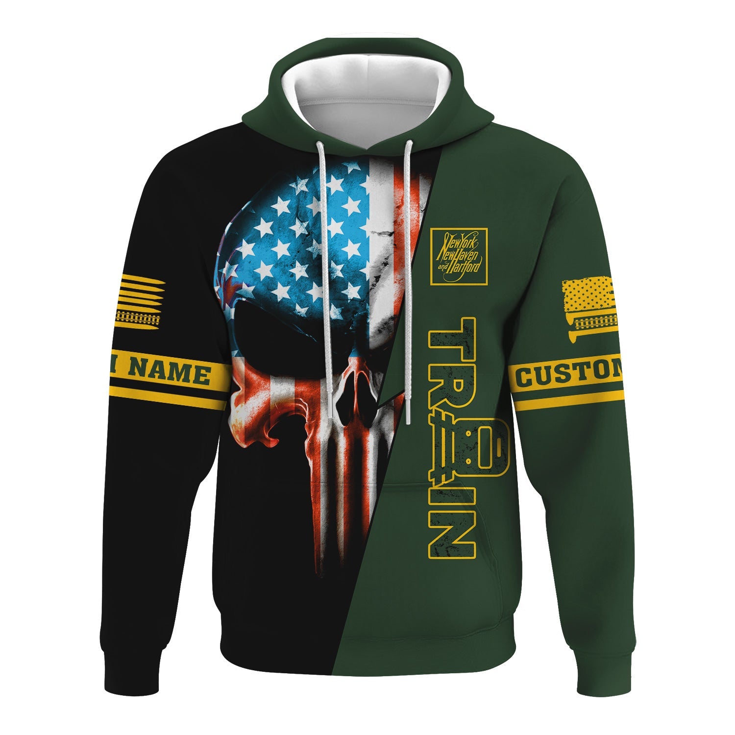 Railspirit Personalized New York, New Haven and Hartford Railroad Hoodie Train Skull American Flag New Haven Railroad Zip Up Hoodie