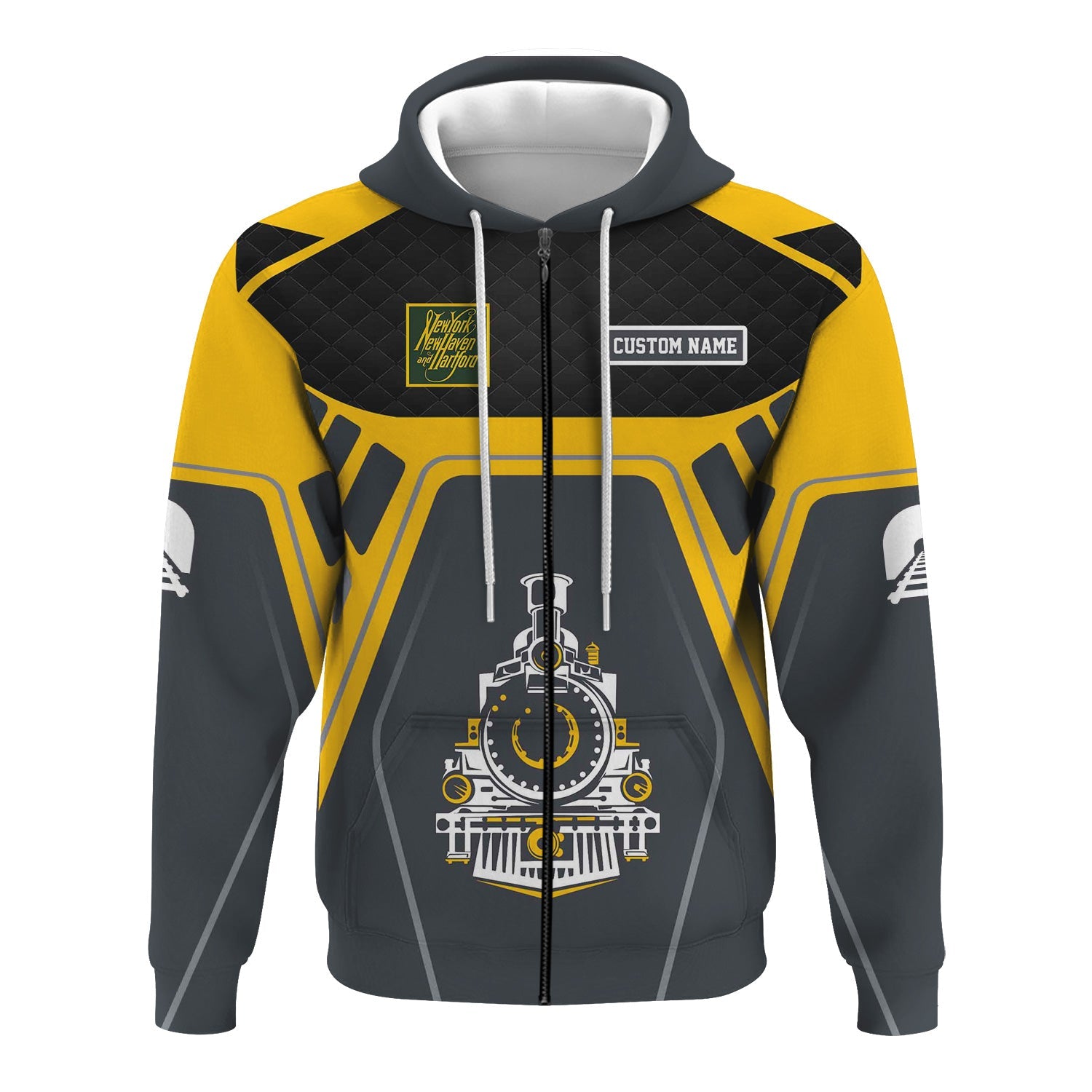Railspirit Personalized New York, New Haven and Hartford Railroad Hoodie Steam Locomotive Engine Graphic New Haven Railroad Train Zip Up Hoodie