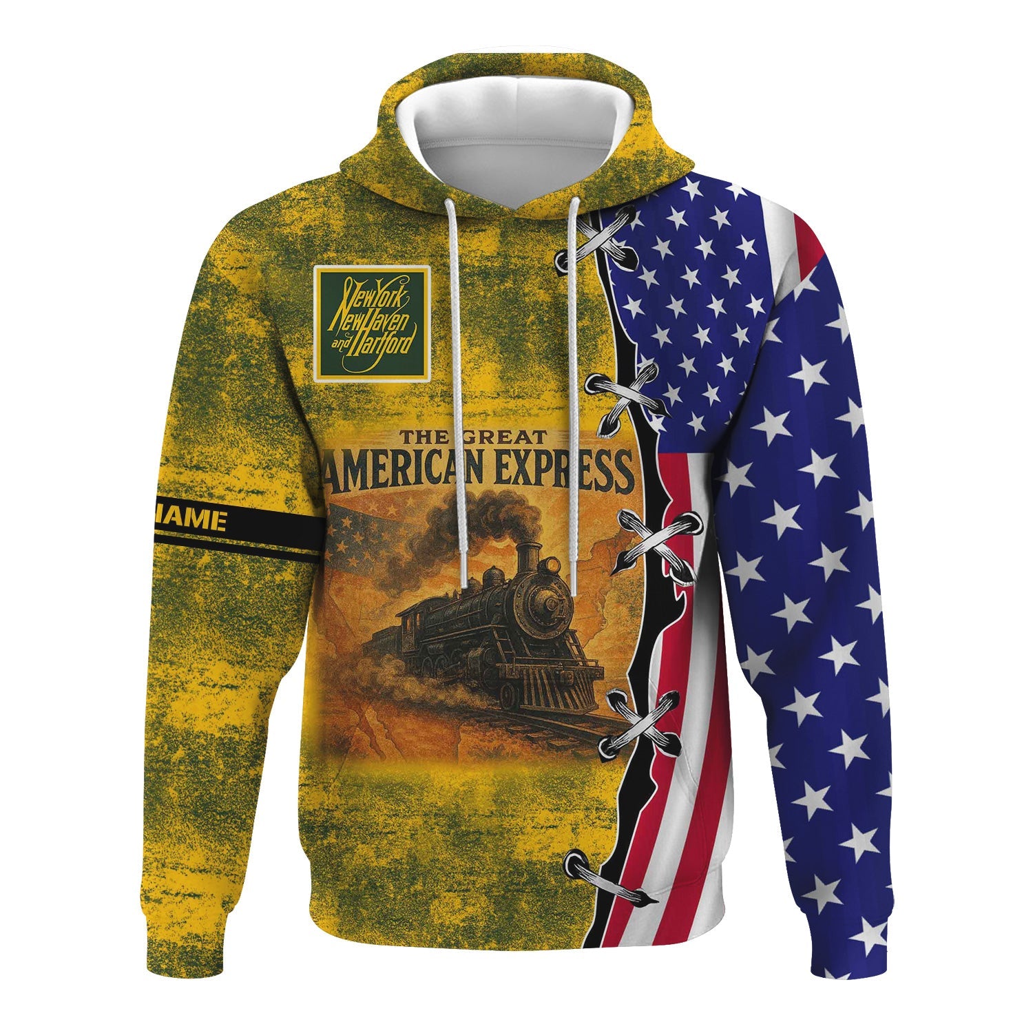 Railspirit Personalized New York, New Haven and Hartford Railroad Hoodie Retro American Express Train With USA Flag New Haven Railroad Zip Up Hoodie