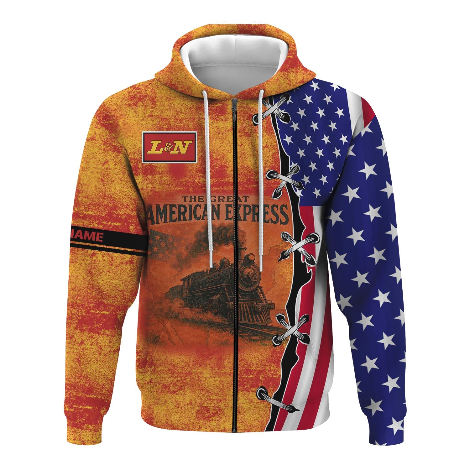 Railspirit Personalized Louisville and Nashville Railroad Hoodie Retro American Express Train With USA Flag L&N Zip Up Hoodie