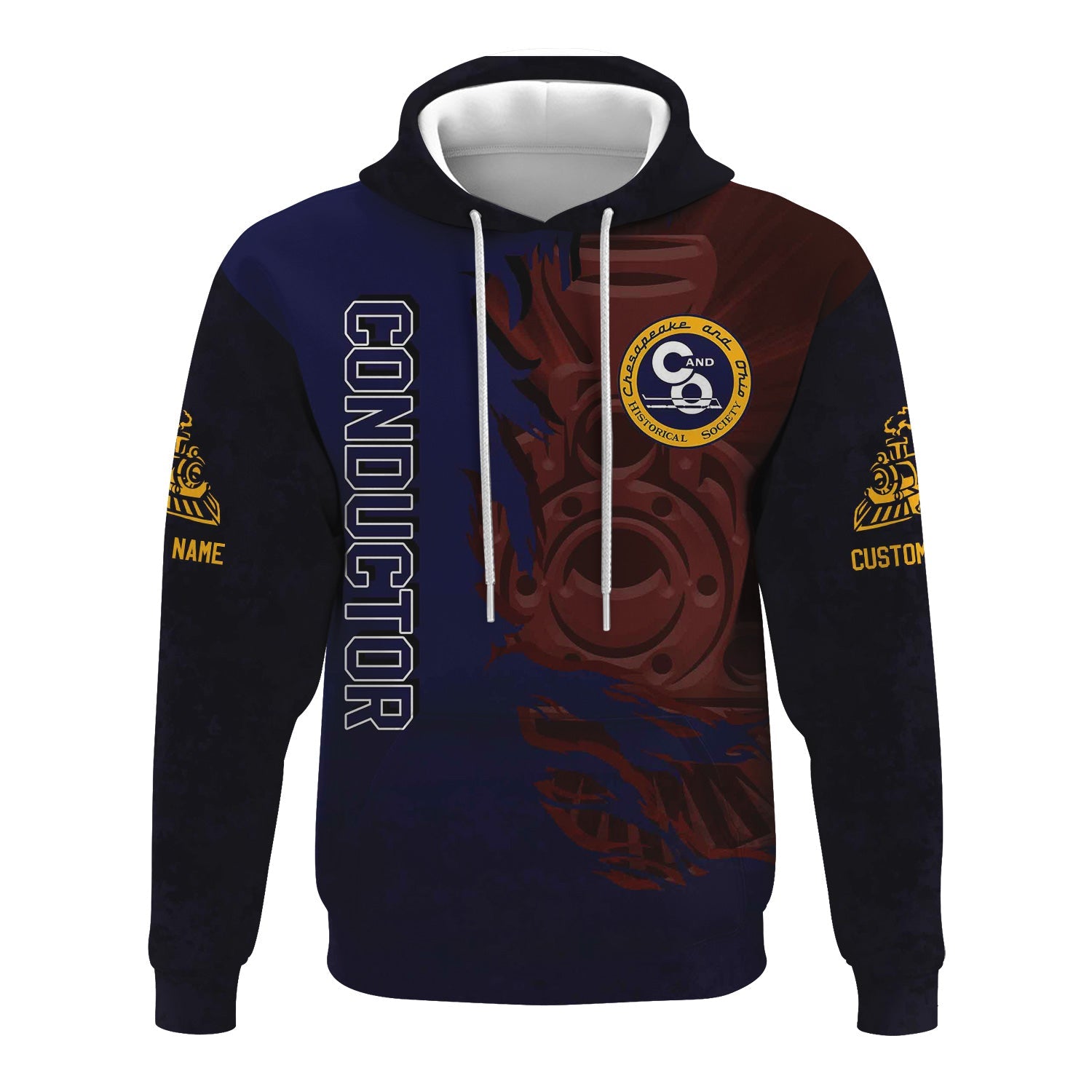 Railspirit Personalized Chesapeake and Ohio Railway Hoodie Blazing Style with Custom Position C&O Train Zip Up Hoodie