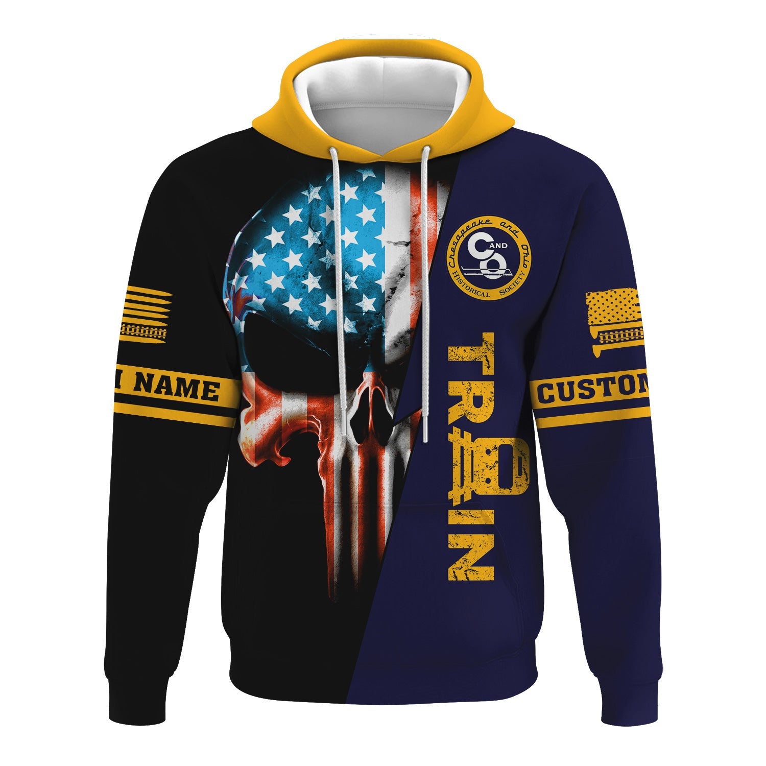 Railspirit Personalized Chesapeake and Ohio Railway Hoodie Train Skull American Flag C&O Zip Up Hoodie All Over Print