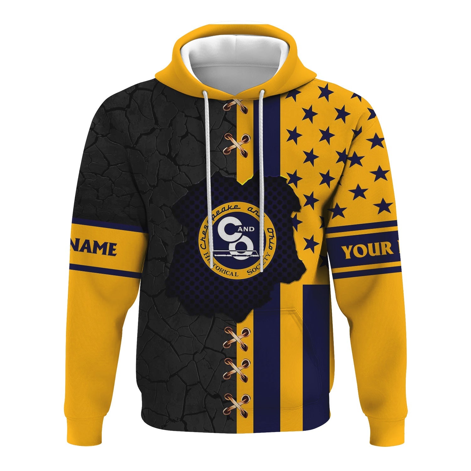 Railspirit Personalized Chesapeake and Ohio Railway Hoodie American Flag with Crack Effect C&O Train Zip Up Hoodie