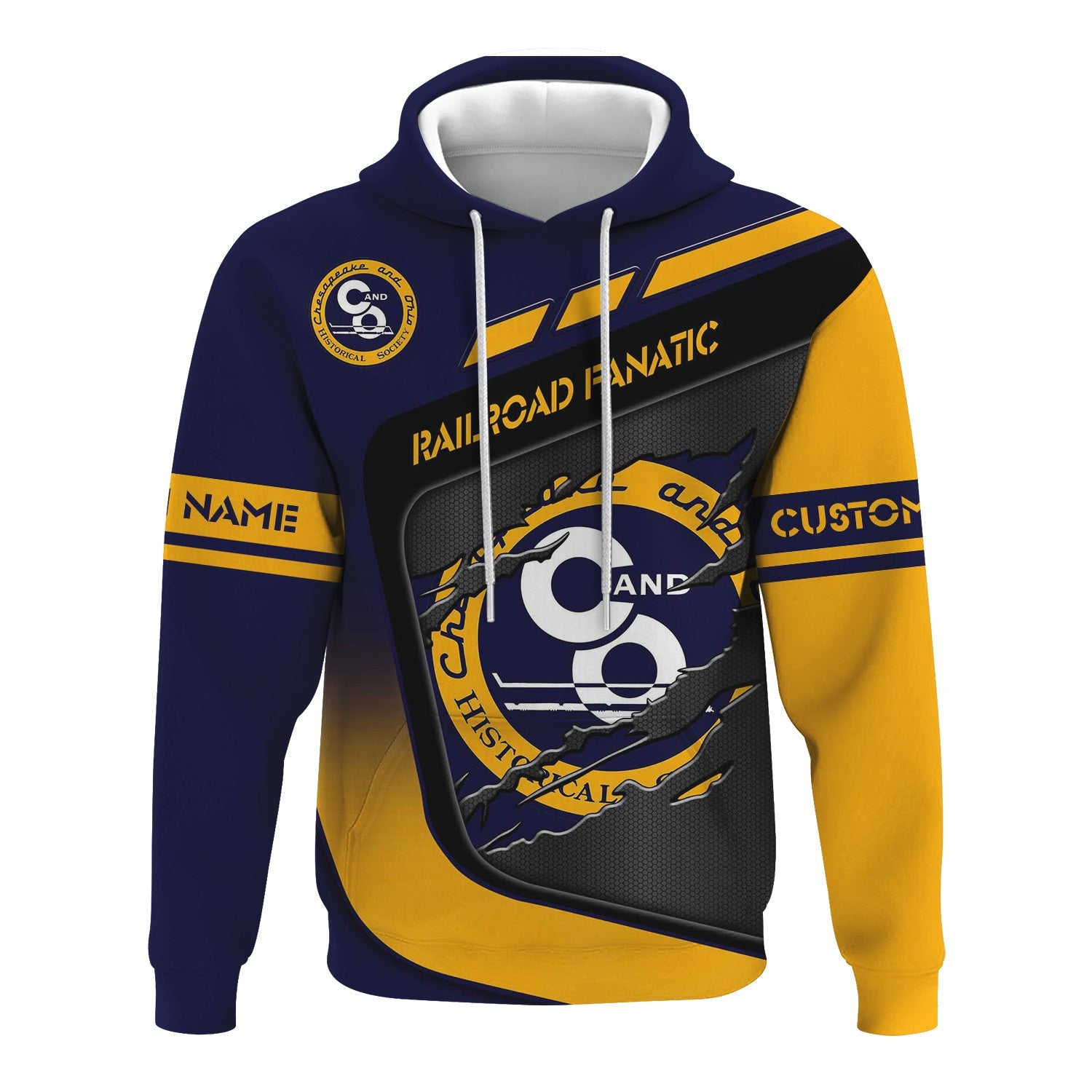 Railspirit Personalized Chesapeake and Ohio Railway Hoodie Ripped Texture Style C&O Train Zip Up Hoodie For Railroad Fanatic