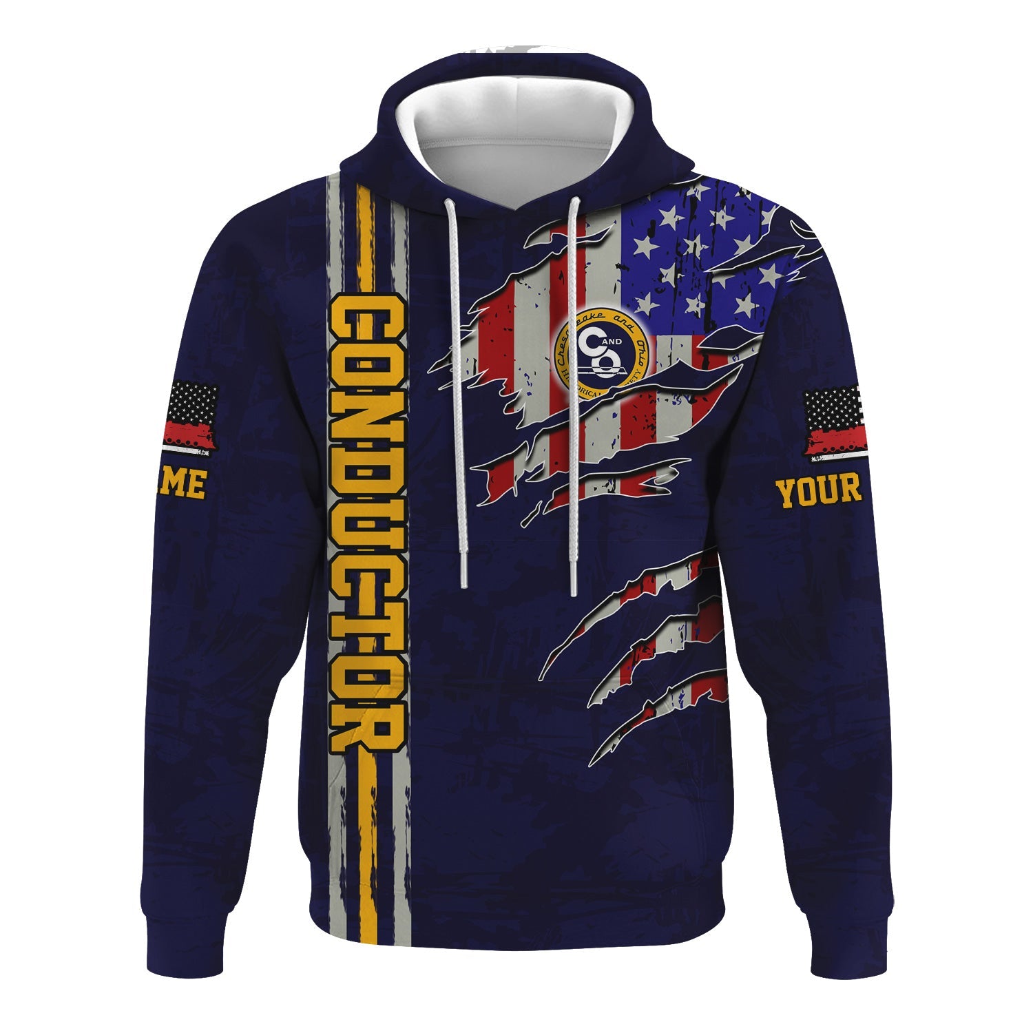 Railspirit Personalized Chesapeake and Ohio Railway Hoodie USA Flag Claw Art with Custom Job C&O Train Zip Up Hoodie