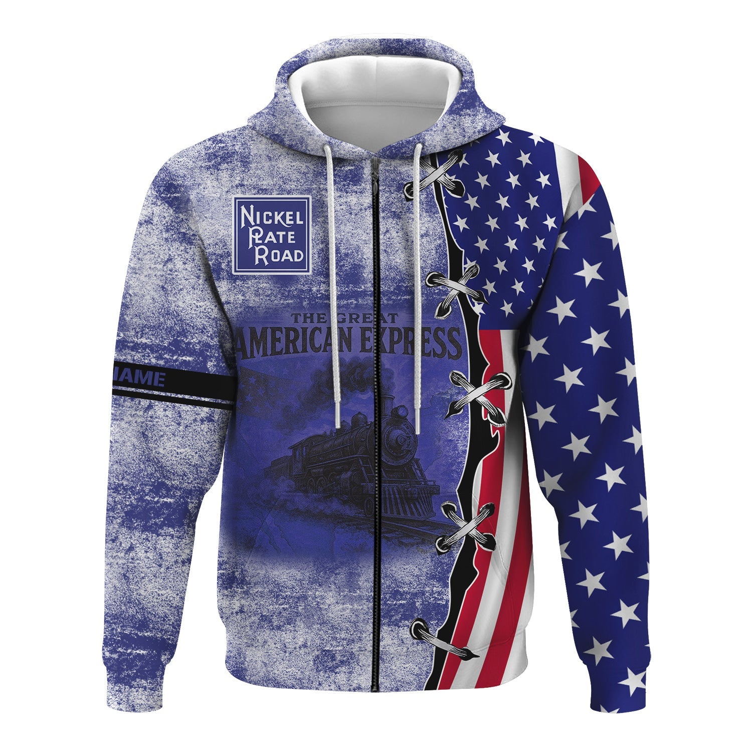 Railspirit Personalized New York, Chicago and St. Louis Railroad Hoodie Retro American Express Train With USA Flag Nickel Plate Road Zip Up Hoodie