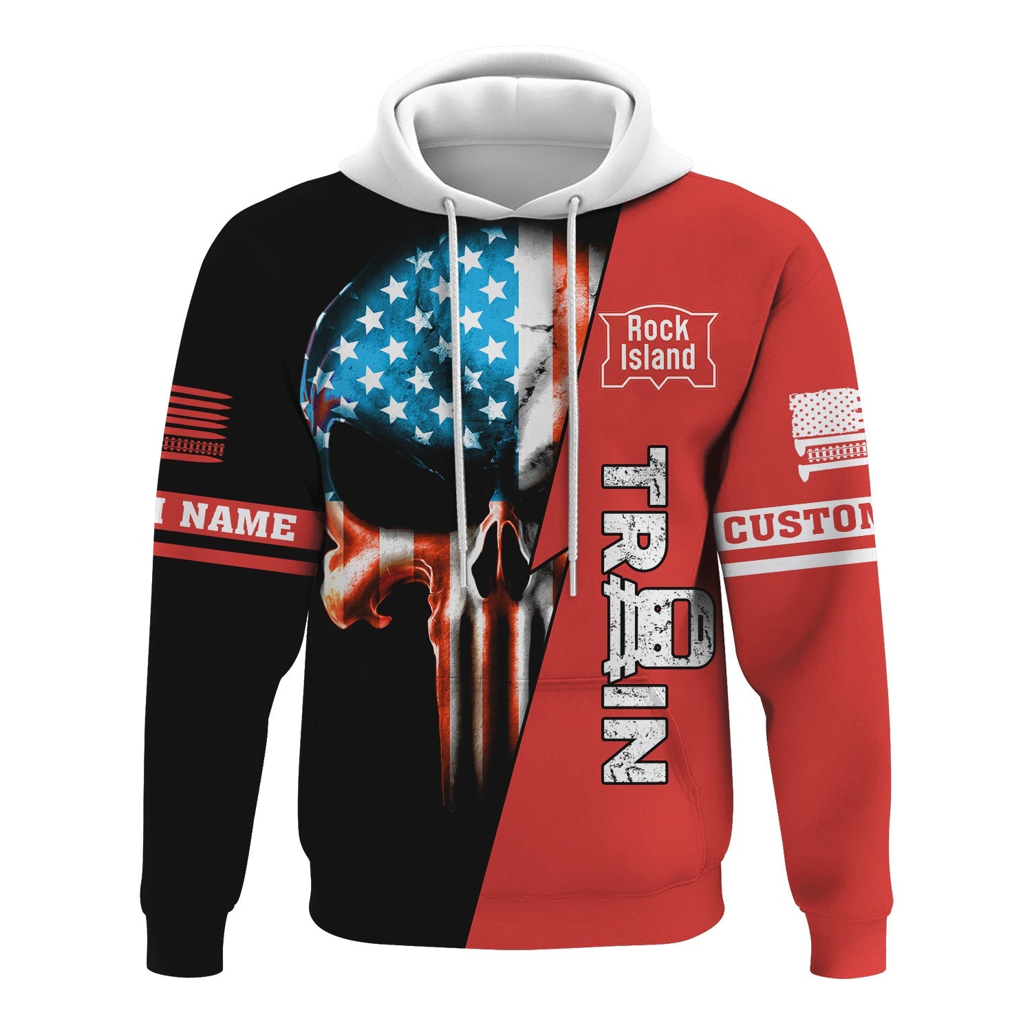 Railspirit Personalized Chicago, Rock Island and Pacific Railroad Hoodie Train Skull American Flag Rock Island Railroad Zip Up Hoodie