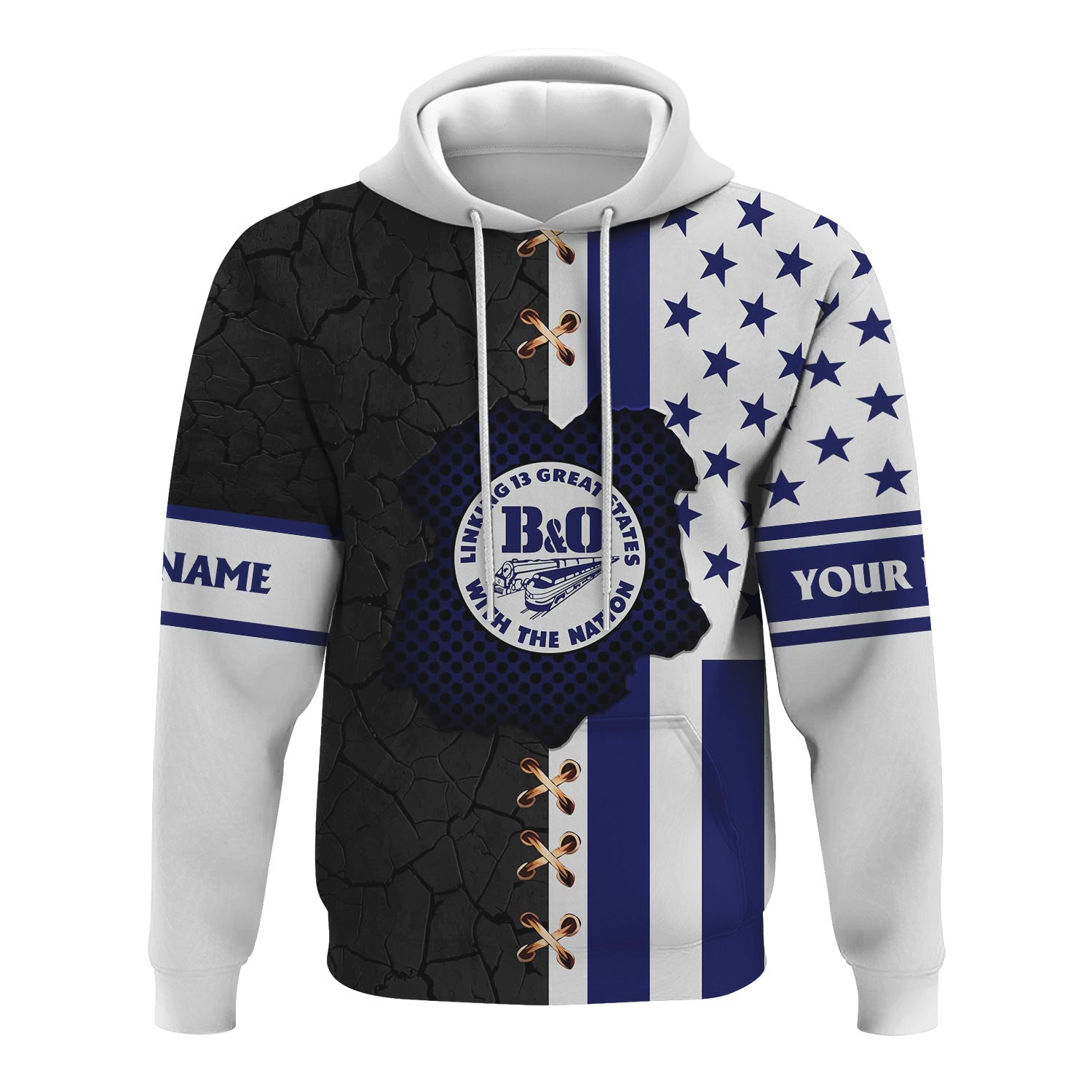 Railspirit Personalized B&O Great States Railroad Hoodie American Flag with Crack Effect Train Zip Up Hoodie