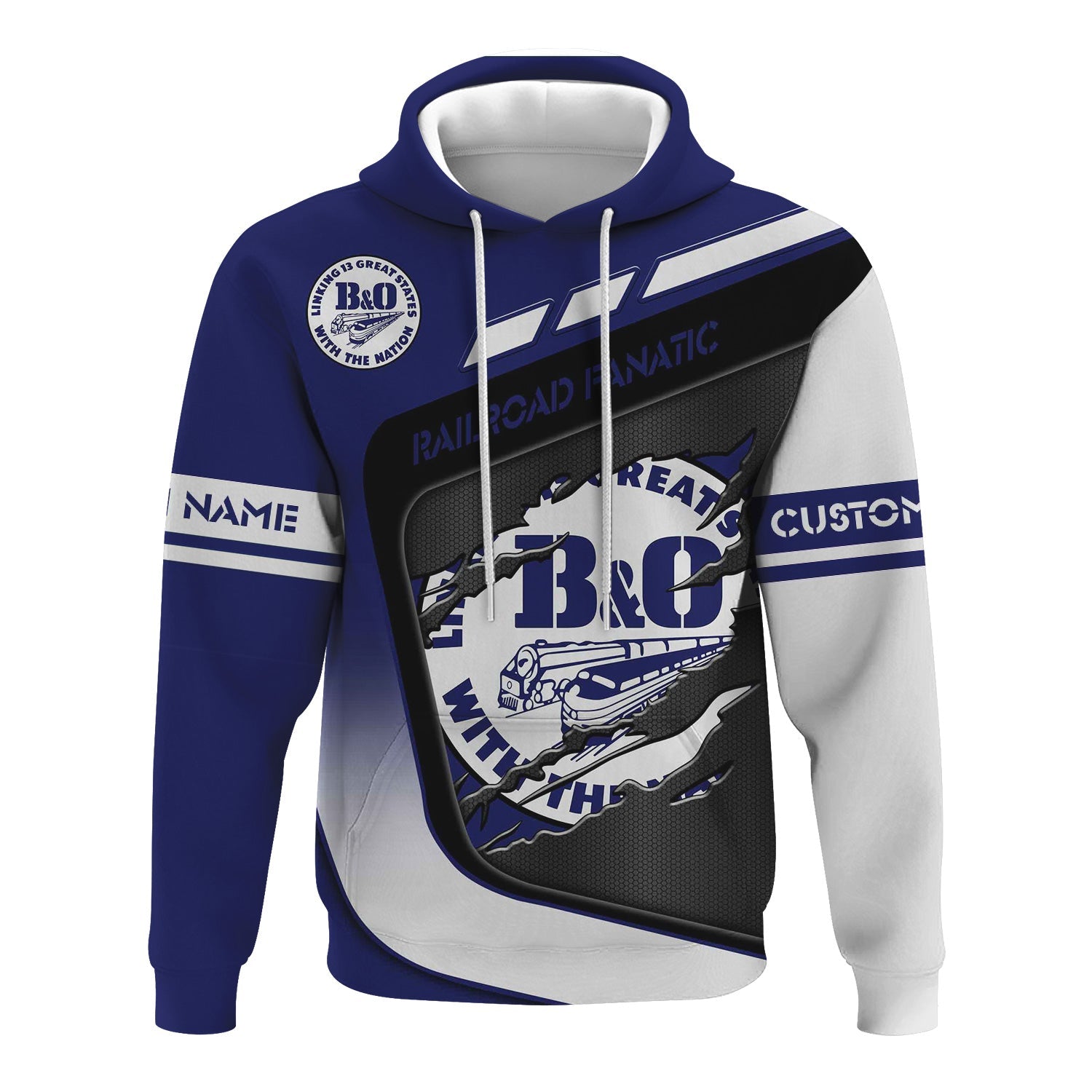 Railspirit Personalized B&O Great States Railroad Hoodie Ripped Texture Style Train Zip Up Hoodie For Railroad Fanatic