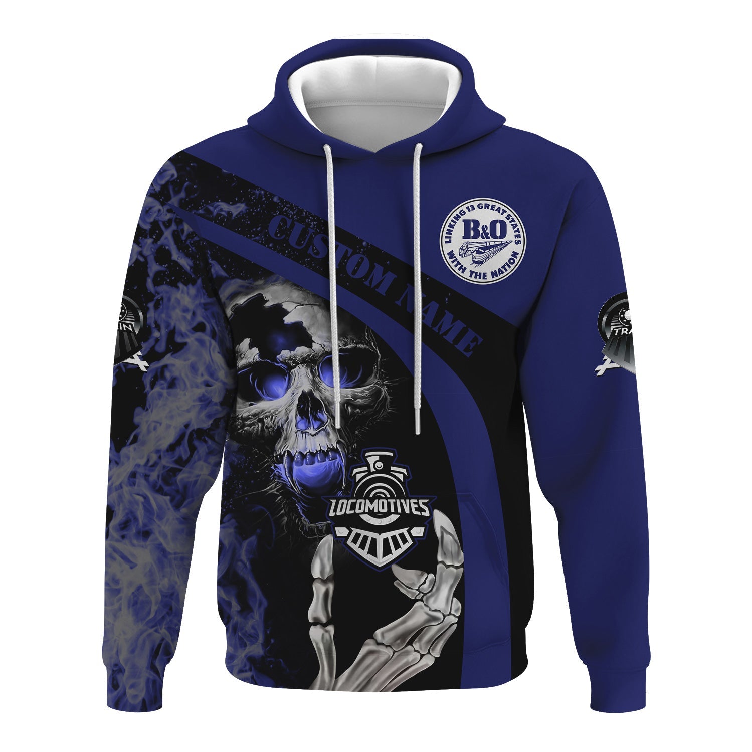 Railspirit Personalized B&O Great States Railroad Hoodie Flame Skull Design Train Zip Up Hoodie for Locomotive Fans
