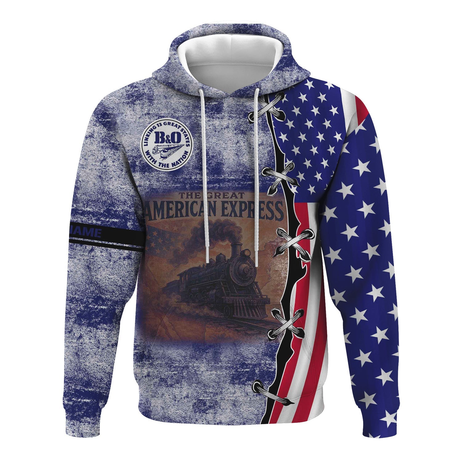 Railspirit Personalized B&O Great States Railroad Hoodie Retro American Express Train With USA Flag Zip Up Hoodie