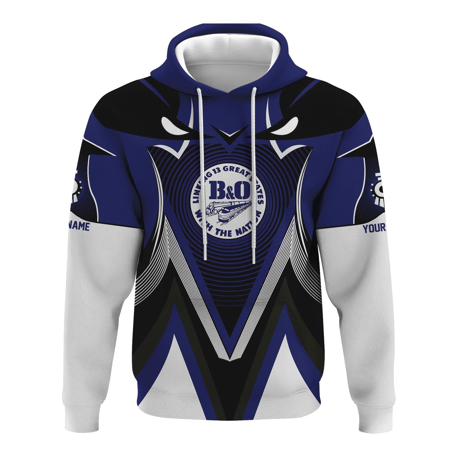 Railspirit Personalized B&O Great States Railroad Hoodie Vibrant Graphic Pattern Zip Up Hoodie For Train Enthusiasts