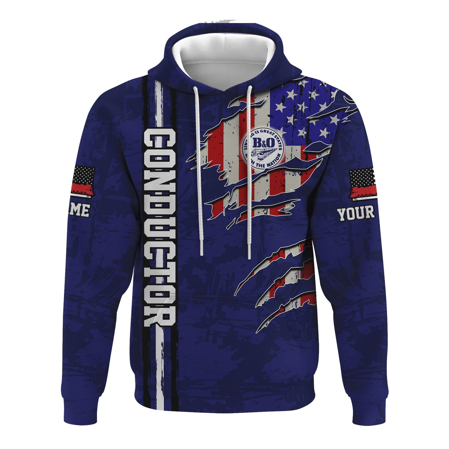 Railspirit Personalized B&O Great States Railroad Hoodie USA Flag Claw Art with Custom Job Train Zip Up Hoodie