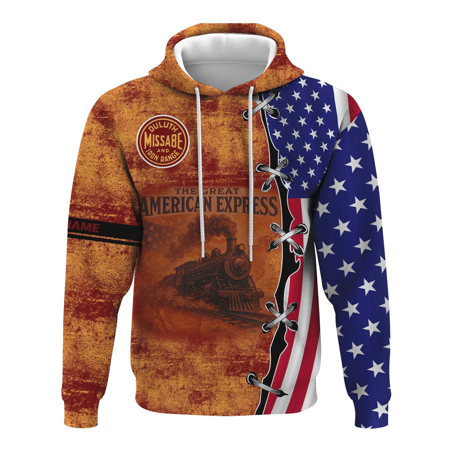 Railspirit Personalized Duluth, Missabe, & Iron Range Railroad Hoodie Retro American Express Train With USA Flag Zip Up Hoodie