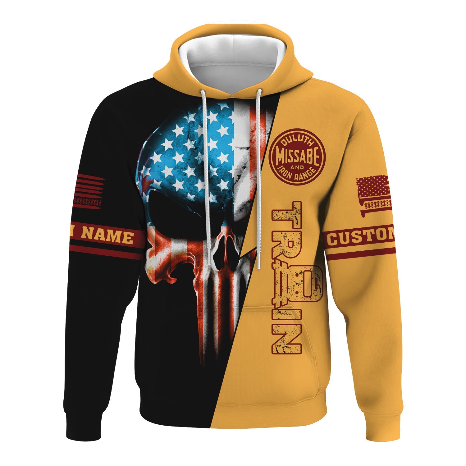 Railspirit Personalized Duluth, Missabe, & Iron Range Railroad Hoodie Train Skull American Flag Zip Up Hoodie All Over Print