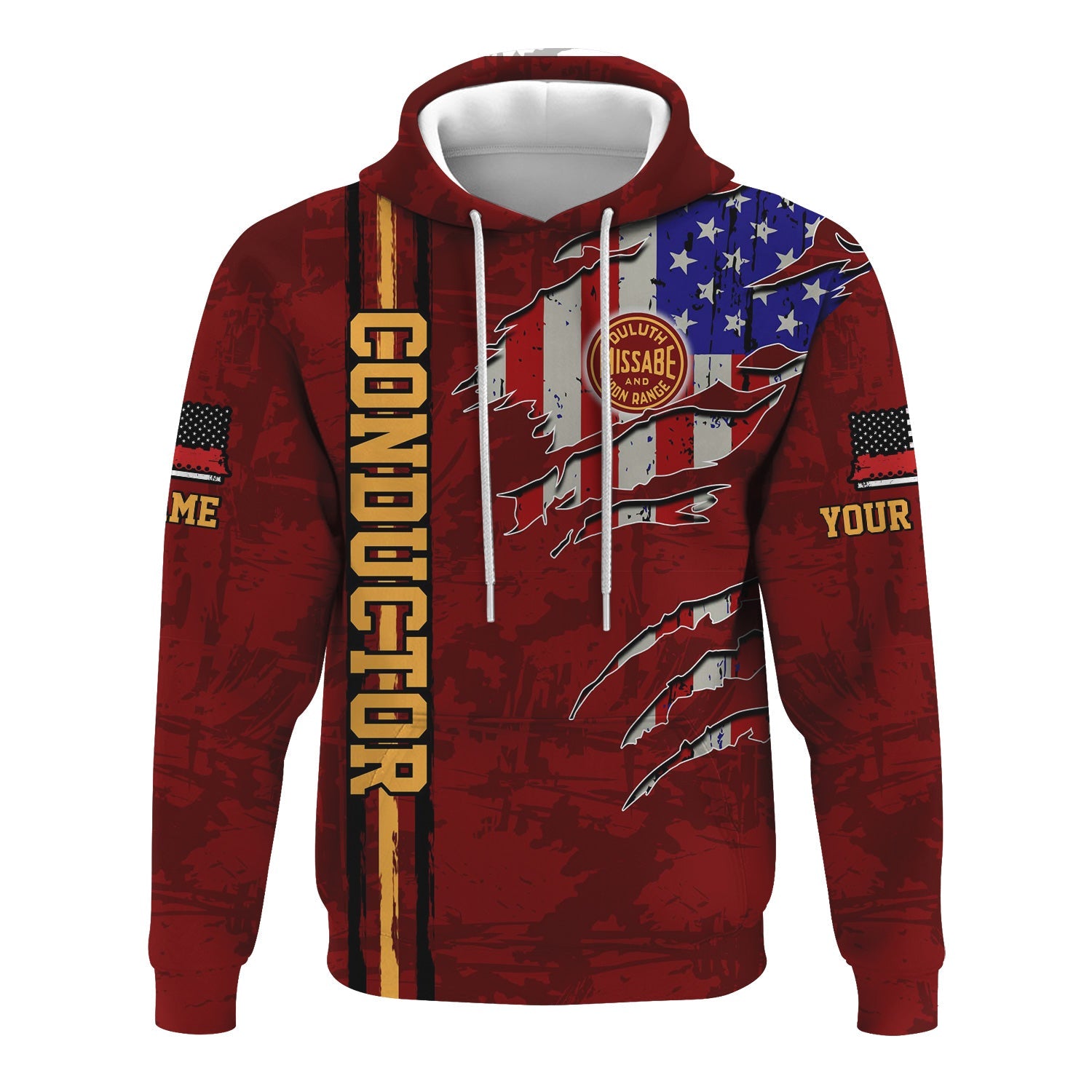 Railspirit Personalized Duluth, Missabe, & Iron Range Railroad Hoodie USA Flag Claw Art with Custom Job Train Zip Up Hoodie