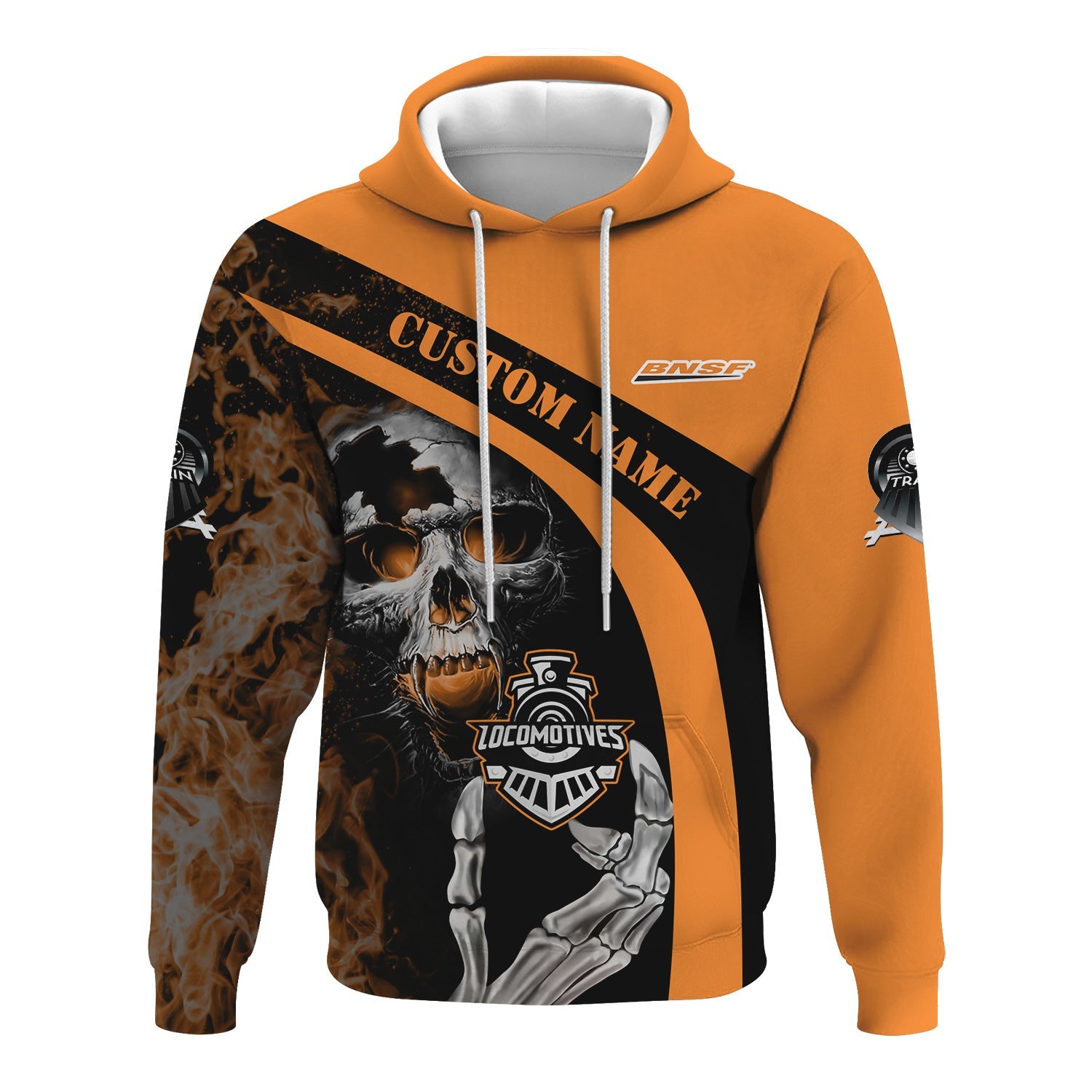 Railspirit Personalized BNSF Railway Hoodie Flame Skull Design Train Zip Up Hoodie for Locomotive Fans