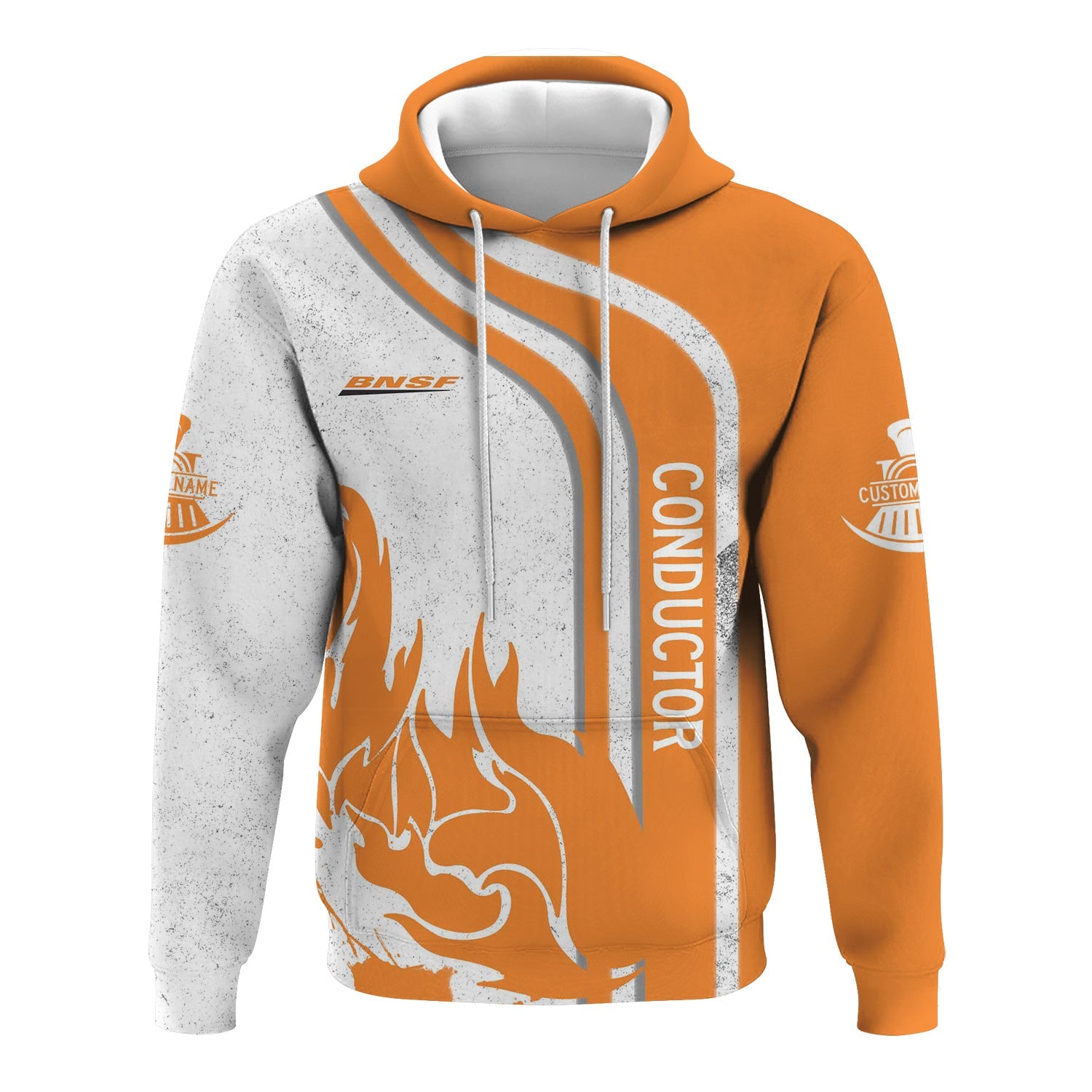 Railspirit Personalized BNSF Railway Hoodie Flame Design with Custom Job Position Train Zip Up Hoodie
