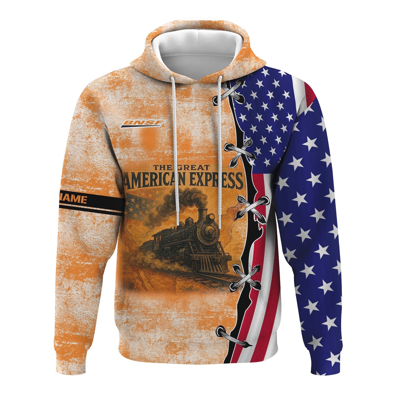 Railspirit Personalized BNSF Railway Hoodie Retro American Express Train With USA Flag Zip Up Hoodie
