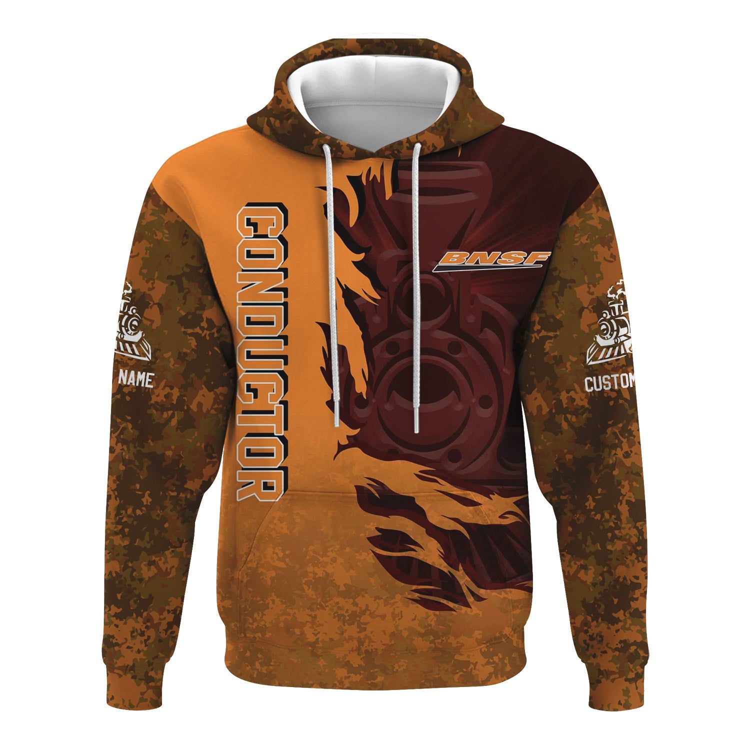Railspirit Personalized BNSF Railway Hoodie Blazing Style with Custom Position Train Zip Up Hoodie