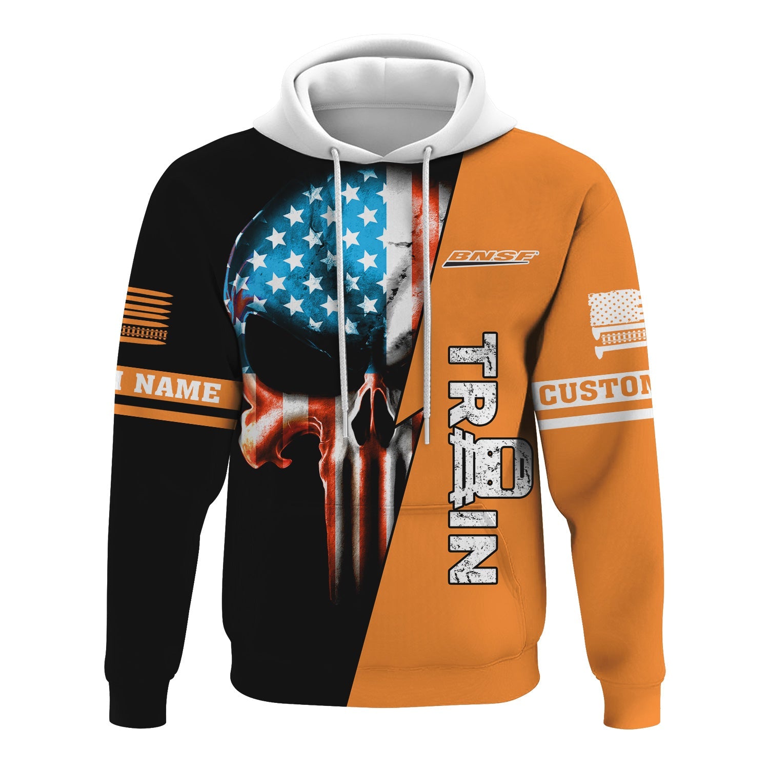 Railspirit Personalized BNSF Railway Hoodie Train Skull American Flag Zip Up Hoodie All Over Print