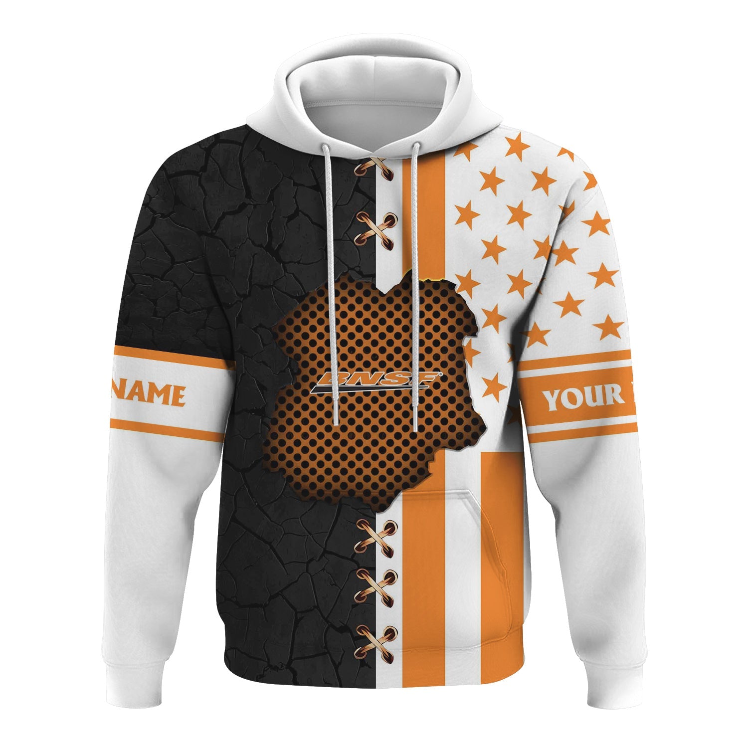 Railspirit Personalized BNSF Railway Hoodie American Flag with Crack Effect Train Zip Up Hoodie