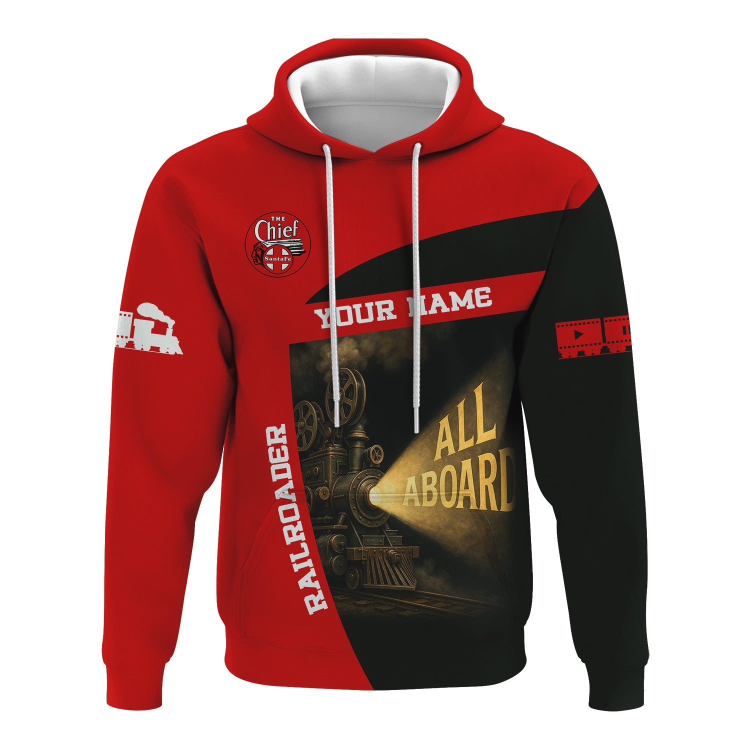 Railspirit Personalized The Chief Santa Fe Railroad Hoodie All Aboard Steam Train Movie Projector Style Zip Up Hoodie