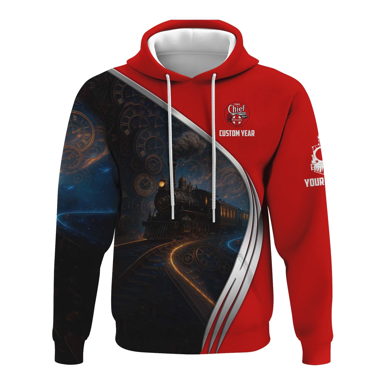 Railspirit Personalized The Chief Santa Fe Railroad Hoodie Steampunk Locomotive with Custom Year Train Zip Up Hoodie