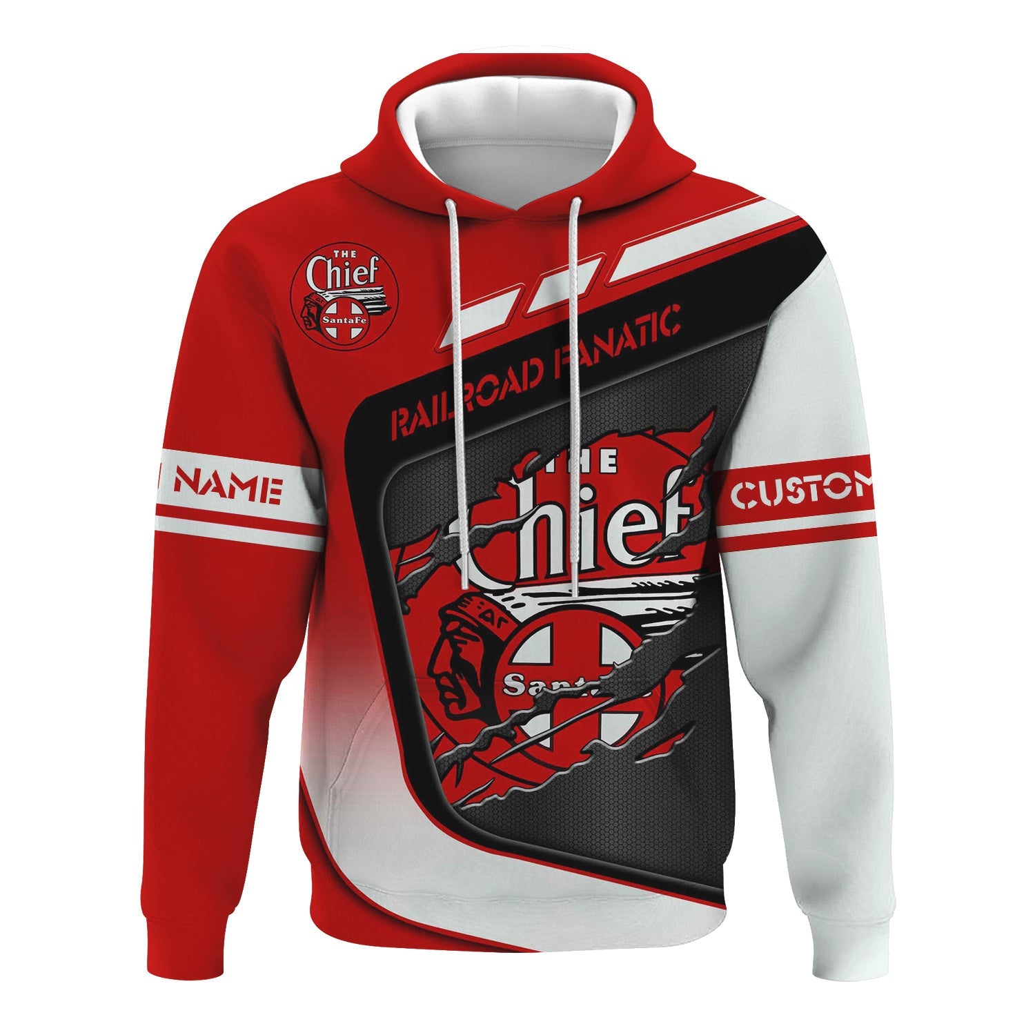 Railspirit Personalized The Chief Santa Fe Railroad Hoodie Ripped Texture Style Train Zip Up Hoodie For Railroad Fanatic