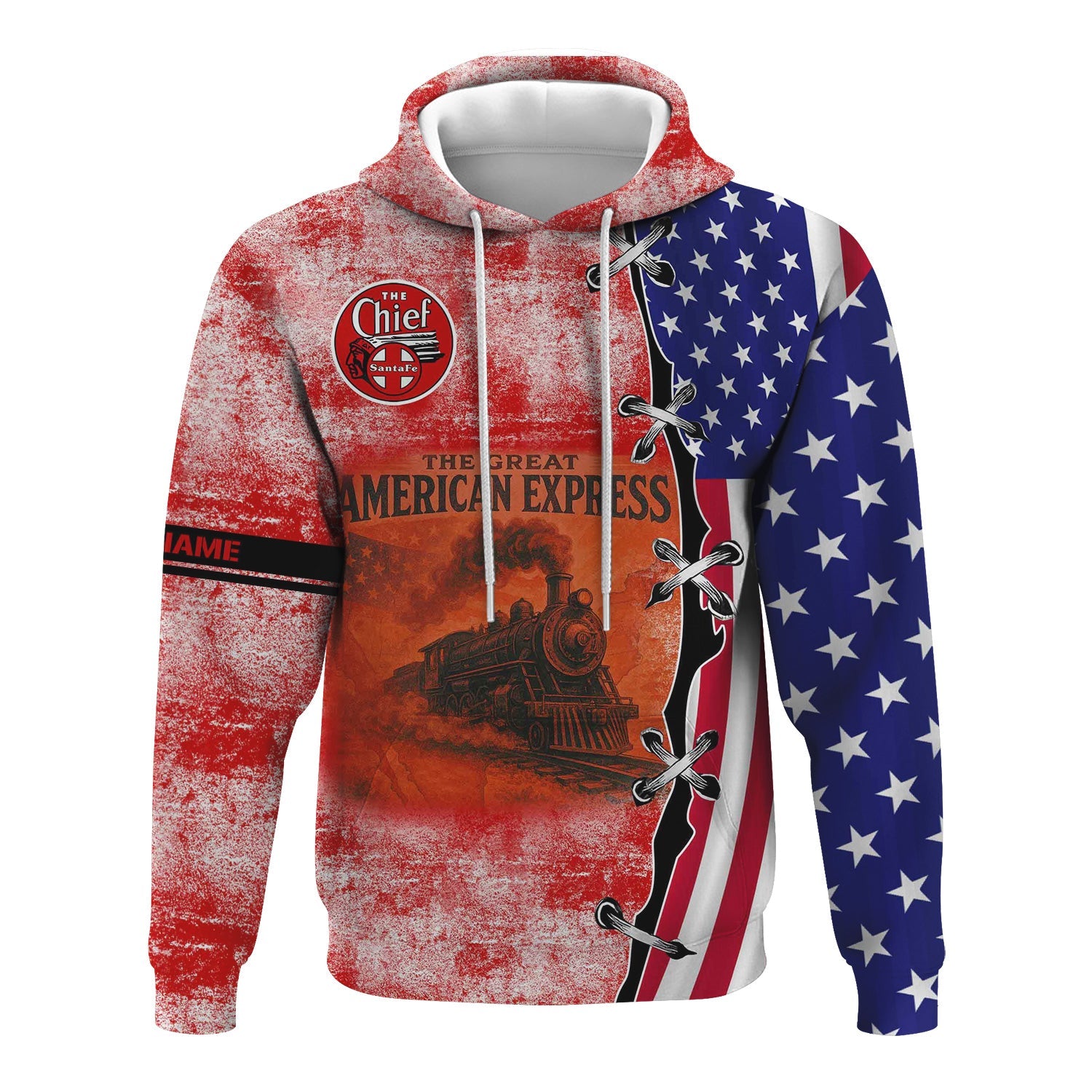 Railspirit Personalized The Chief Santa Fe Railroad Hoodie Retro American Express Train With USA Flag Zip Up Hoodie