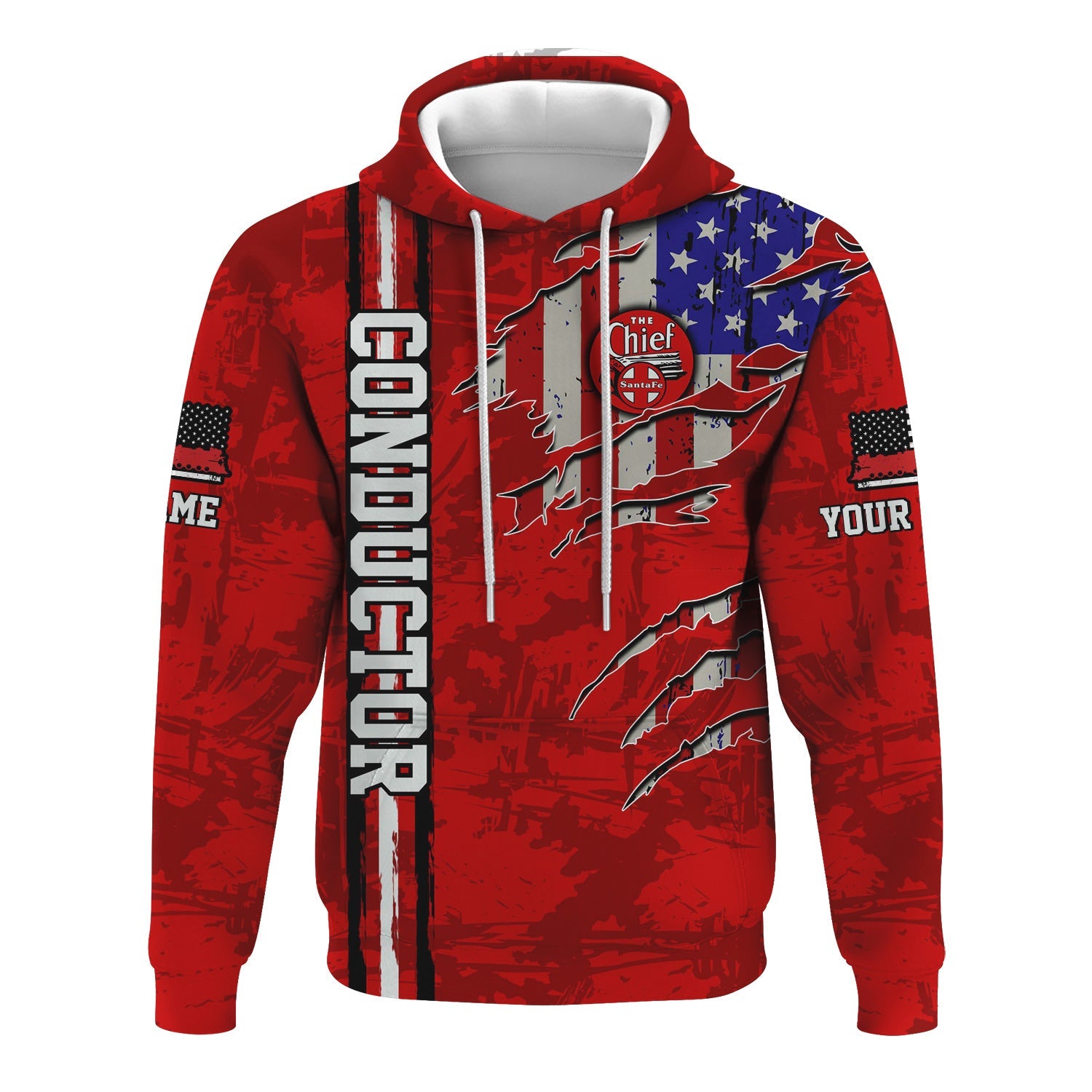 Railspirit Personalized The Chief Santa Fe Railroad Hoodie USA Flag Claw Art with Custom Job Train Zip Up Hoodie
