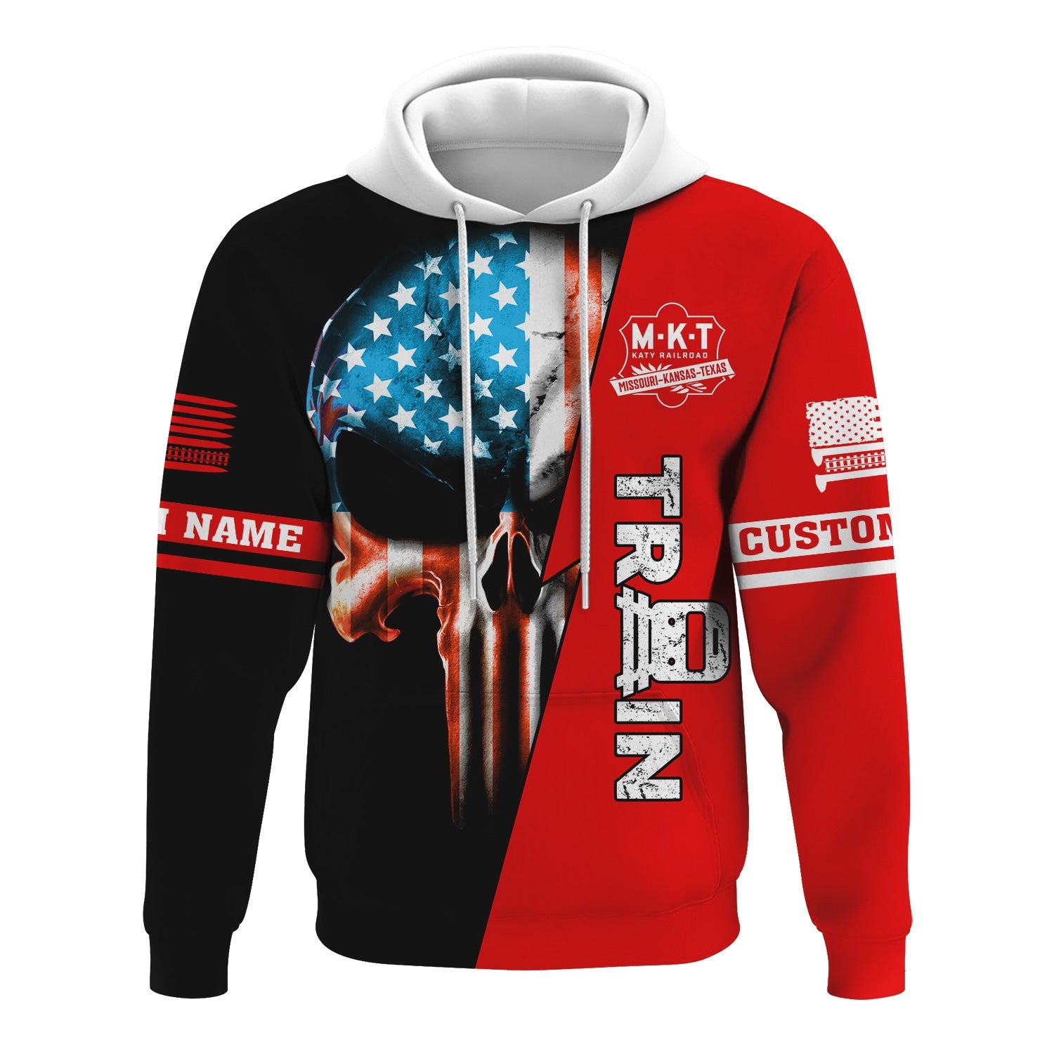 Railspirit Personalized Katy Railroad Hoodie Train Skull American Flag Zip Up Hoodie All Over Print