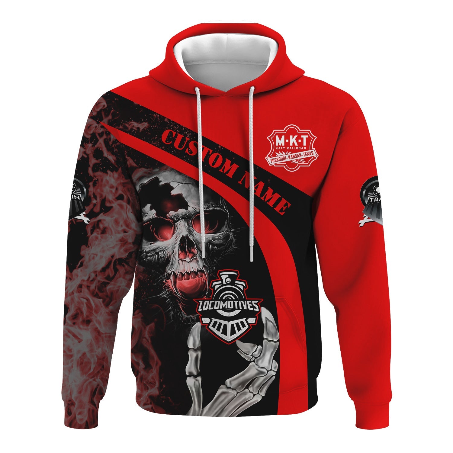 Railspirit Personalized Katy Railroad Hoodie Flame Skull Design Train Zip Up Hoodie for Locomotive Fans