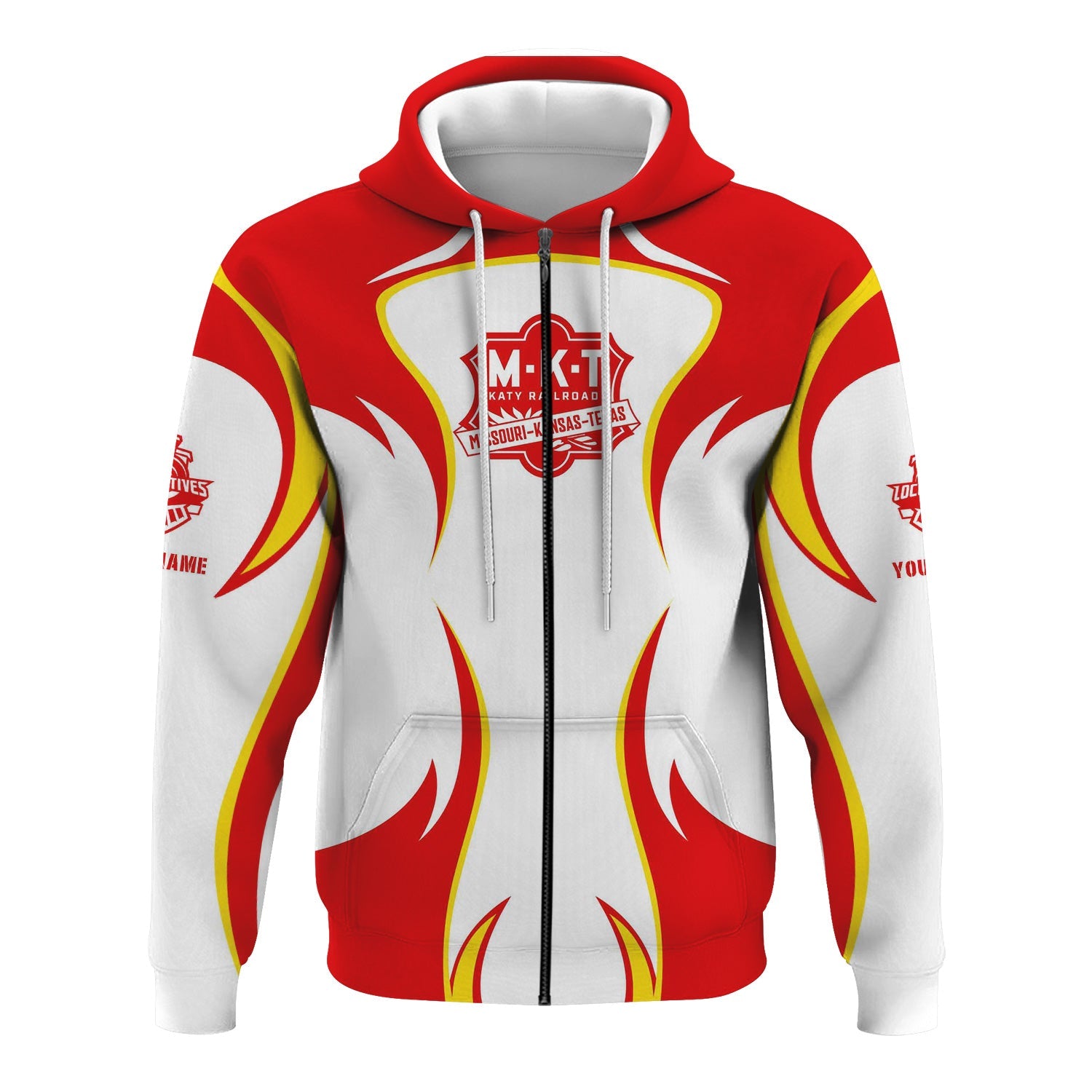 Railspirit Personalized Katy Railroad Hoodie Distinctive Flame Style Zip Up Hoodie For Steam Engine Addict