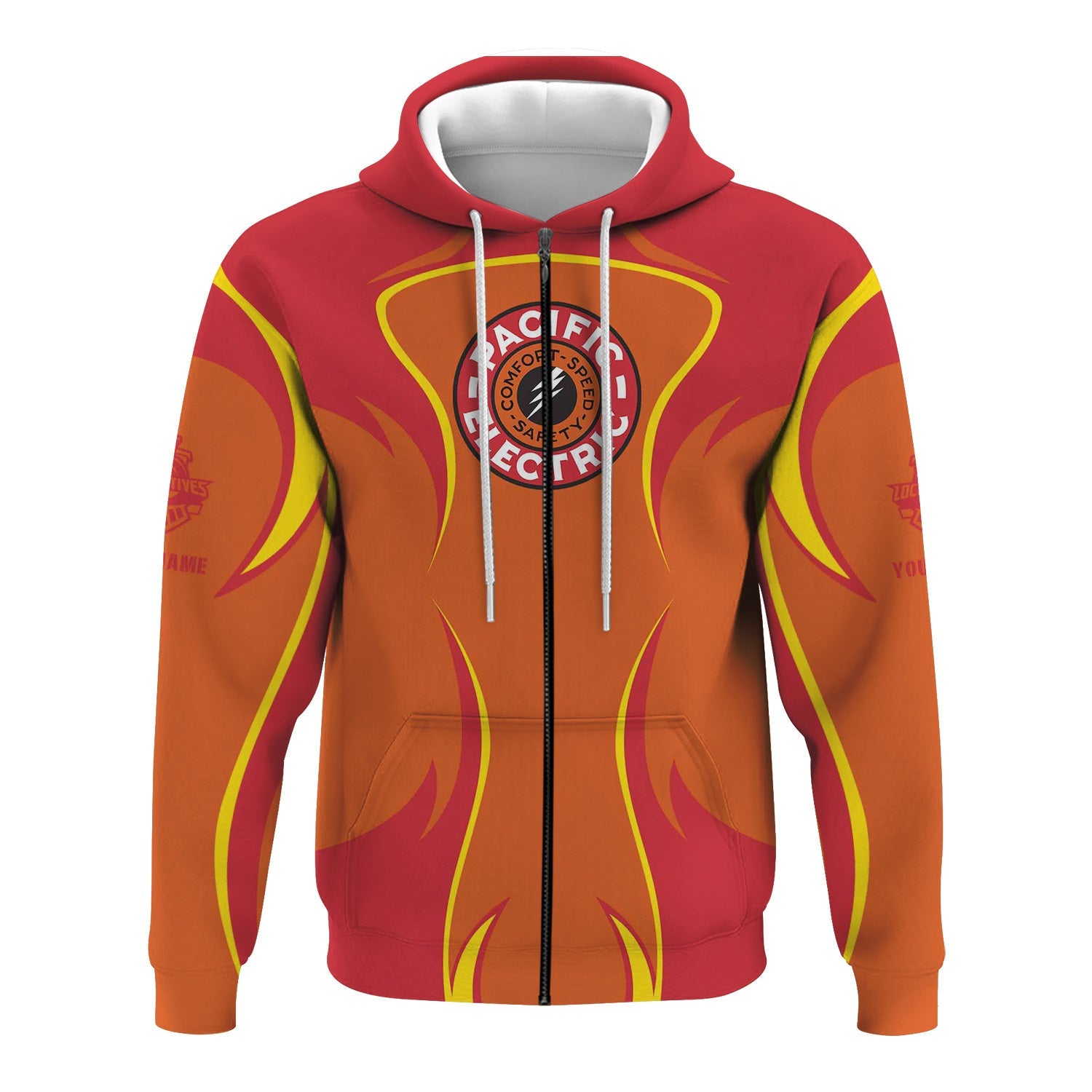Railspirit Personalized Pacific Electric Railroad Hoodie Distinctive Flame Style Zip Up Hoodie For Steam Engine Addict