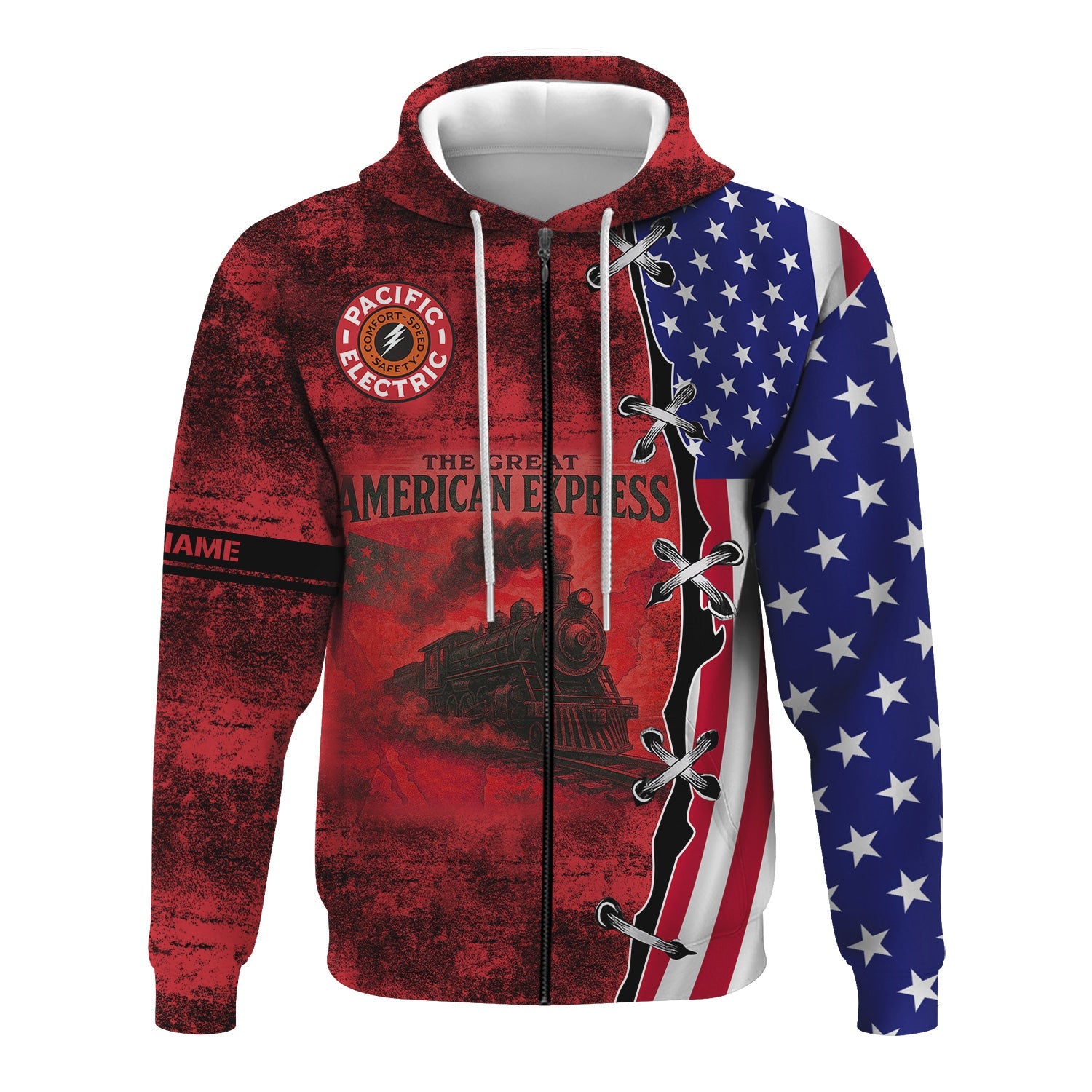 Railspirit Personalized Pacific Electric Railroad Hoodie Retro American Express Train With USA Flag Zip Up Hoodie