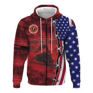 Railspirit Personalized Pacific Electric Railroad Hoodie Retro American Express Train With USA Flag Zip Up Hoodie