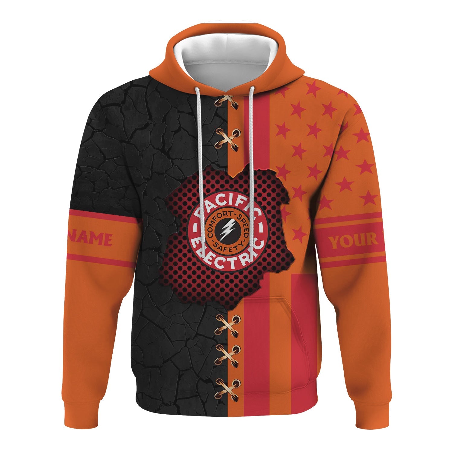 Railspirit Personalized Pacific Electric Railroad Hoodie American Flag with Crack Effect Train Zip Up Hoodie