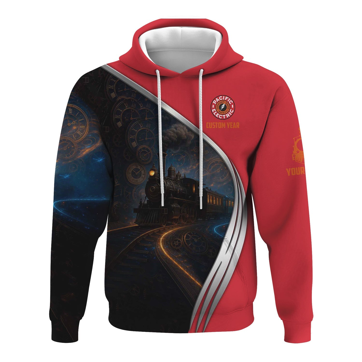 Railspirit Personalized Pacific Electric Railroad Hoodie Steampunk Locomotive with Custom Year Train Zip Up Hoodie