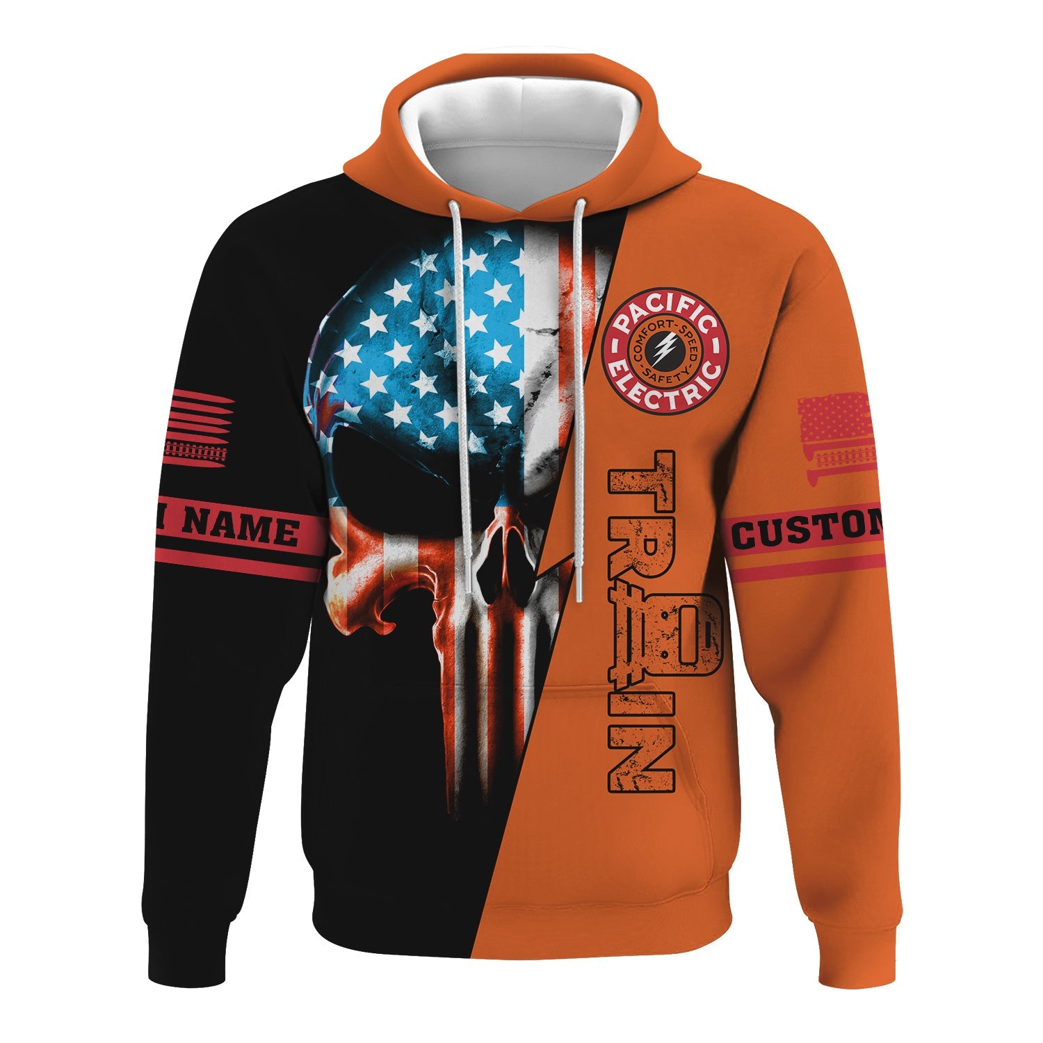 Railspirit Personalized Pacific Electric Railroad Hoodie Train Skull American Flag Zip Up Hoodie All Over Print