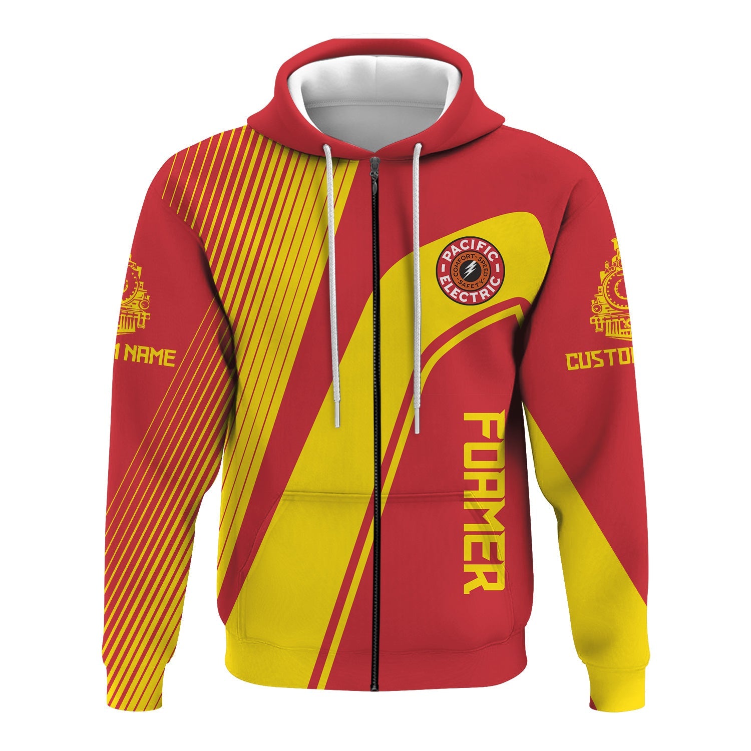 Railspirit Personalized Pacific Electric Railroad Hoodie Vibrant Striking Style Zip Up Hoodie For Rail Enthusiasts