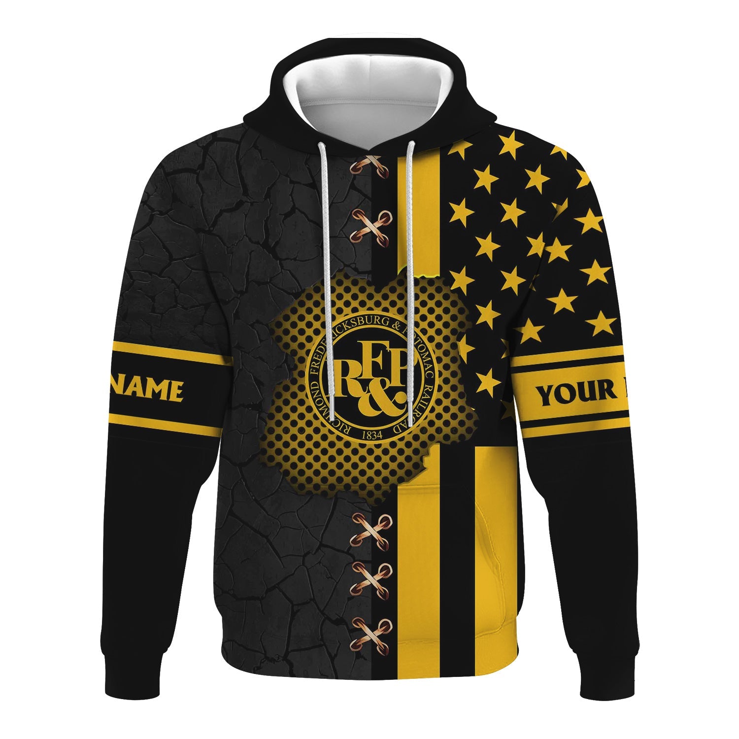 Railspirit Personalized Richmond, Fredericksburg And Potomac Railroad Hoodie American Flag with Crack Effect Train Zip Up Hoodie