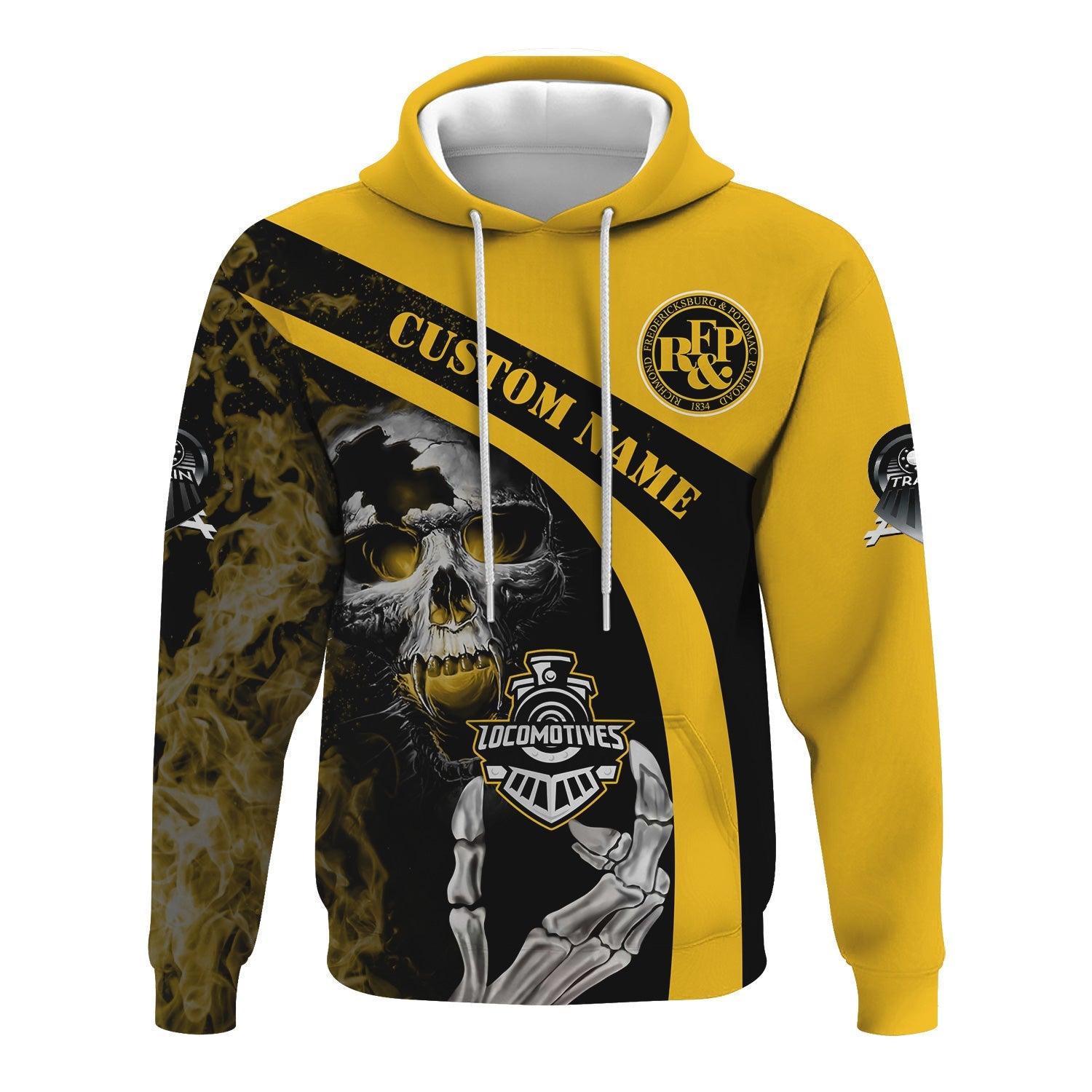 Railspirit Personalized Richmond, Fredericksburg And Potomac Railroad Hoodie Flame Skull Design Train Zip Up Hoodie for Locomotive Fans