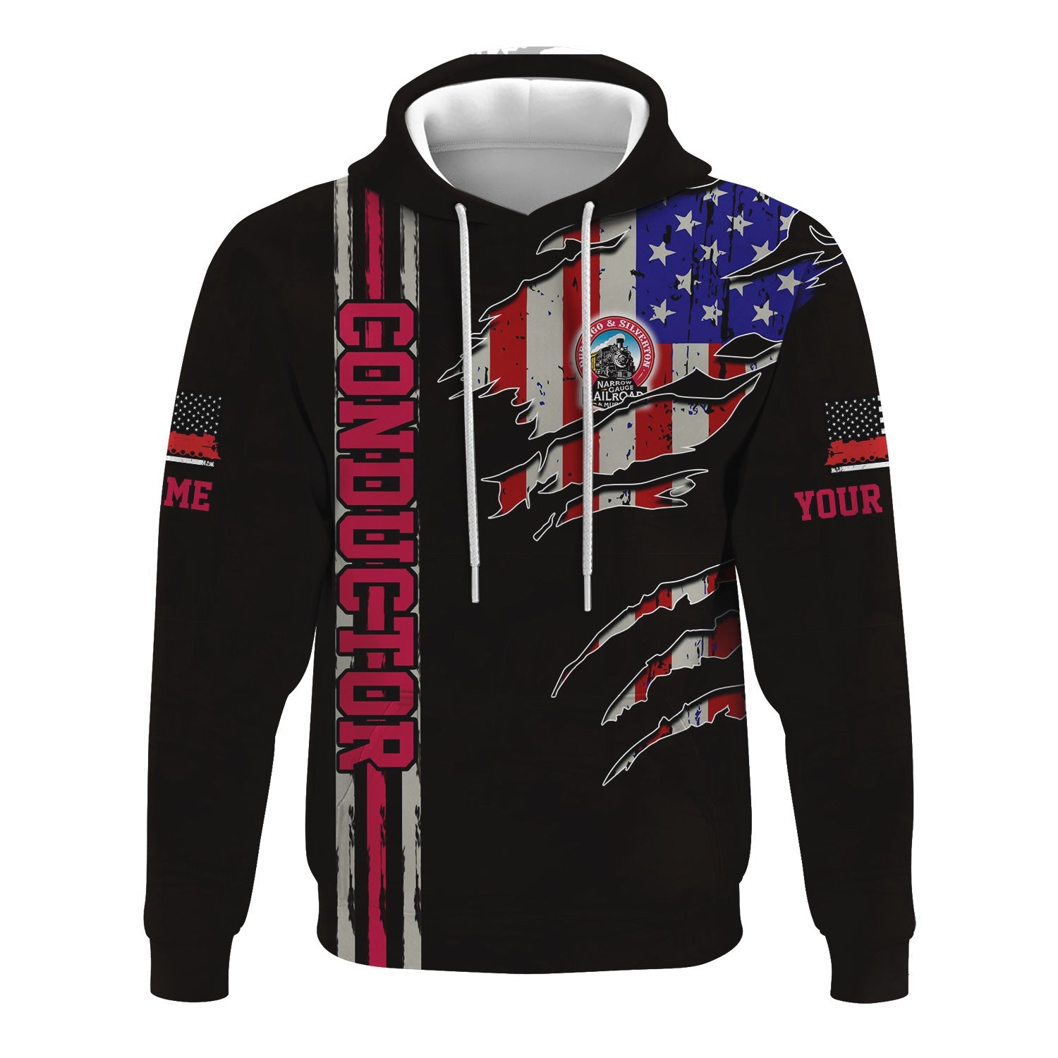 Railspirit Personalized Durango And Silverton Narrow Gauge Railroad Hoodie USA Flag Claw Art with Custom Job Train Zip Up Hoodie