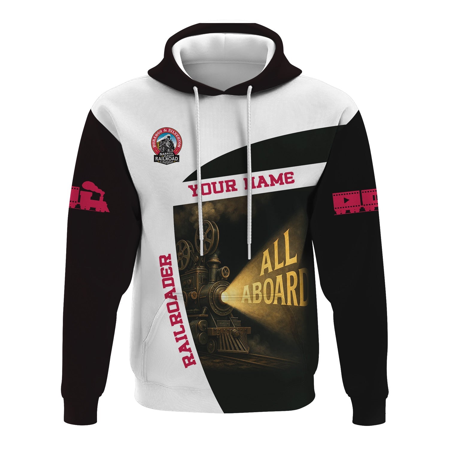 Railspirit Personalized Durango And Silverton Narrow Gauge Railroad Hoodie All Aboard Steam Train Movie Projector Style Zip Up Hoodie