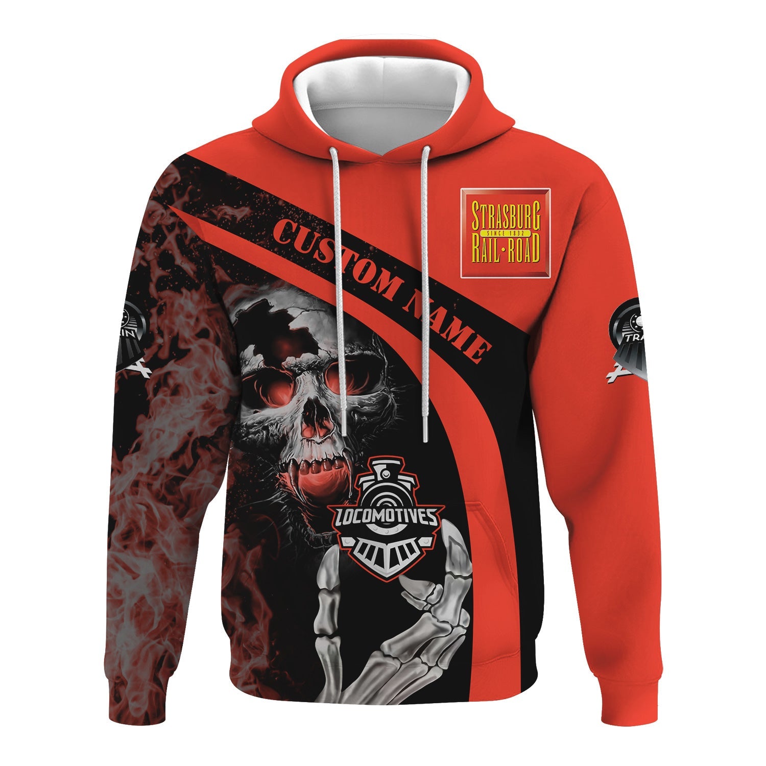 Railspirit Personalized Strasburg Railroad Hoodie Flame Skull Design Train Zip Up Hoodie for Locomotive Fans
