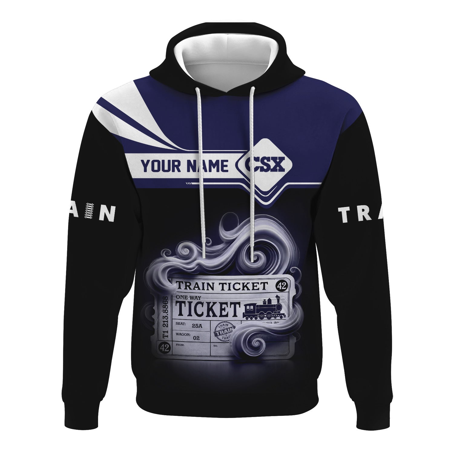 Railspirit Custom Name CSX Transportation Railroad Hoodie American Train Ticket Printed Zip Hoodie