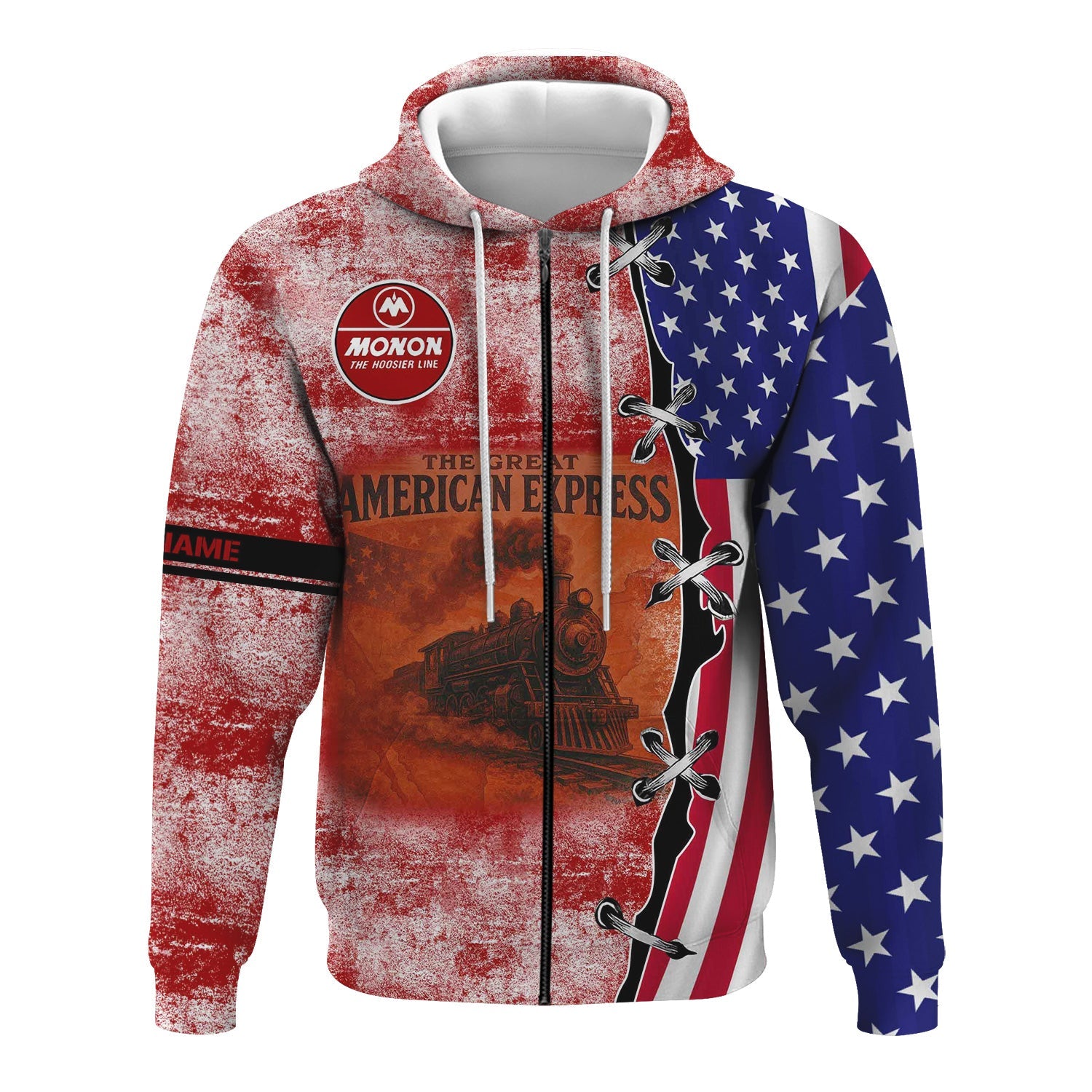 Railspirit Personalized Monon Railroad Hoodie Retro American Express Train With USA Flag Zip Up Hoodie