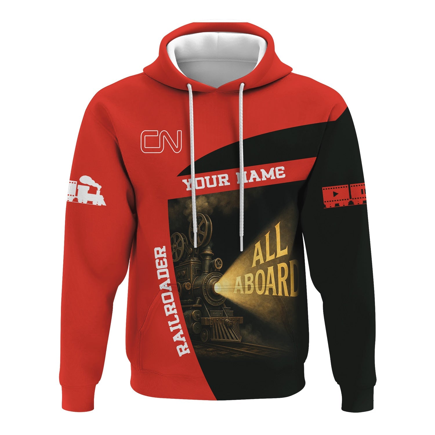 Railspirit Personalized Canadian National Railroad Hoodie All Aboard Steam Train Movie Projector Style Zip Up Hoodie